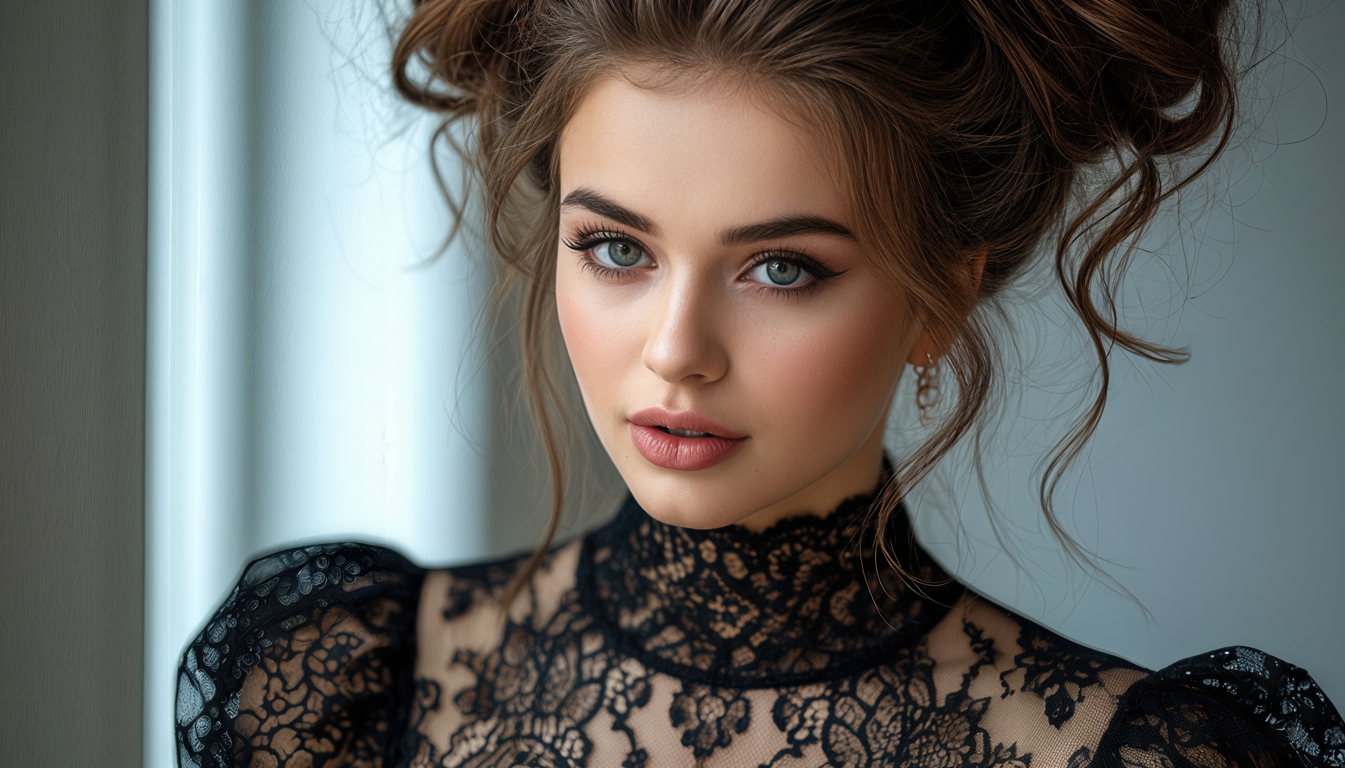 Free photo A girl with dark hair in a black lace dress.