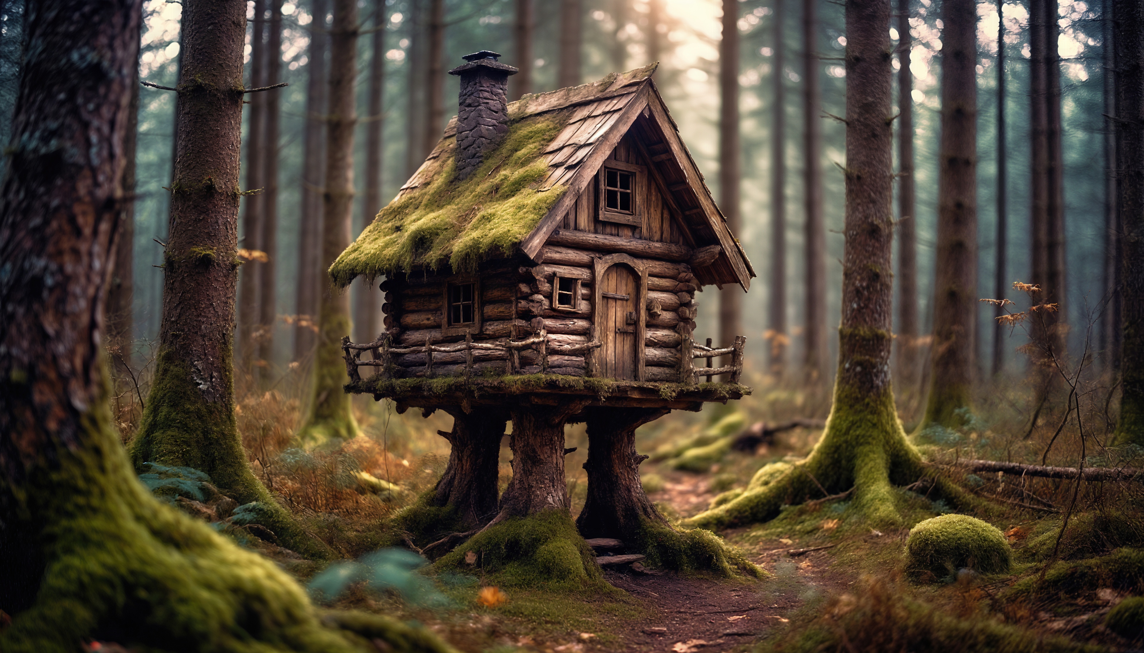 Волшебный домик на сваях затерялся в таинственном лесу, окутанном туманом.