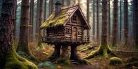 Волшебный домик на сваях затерялся в таинственном лесу, окутанном туманом.