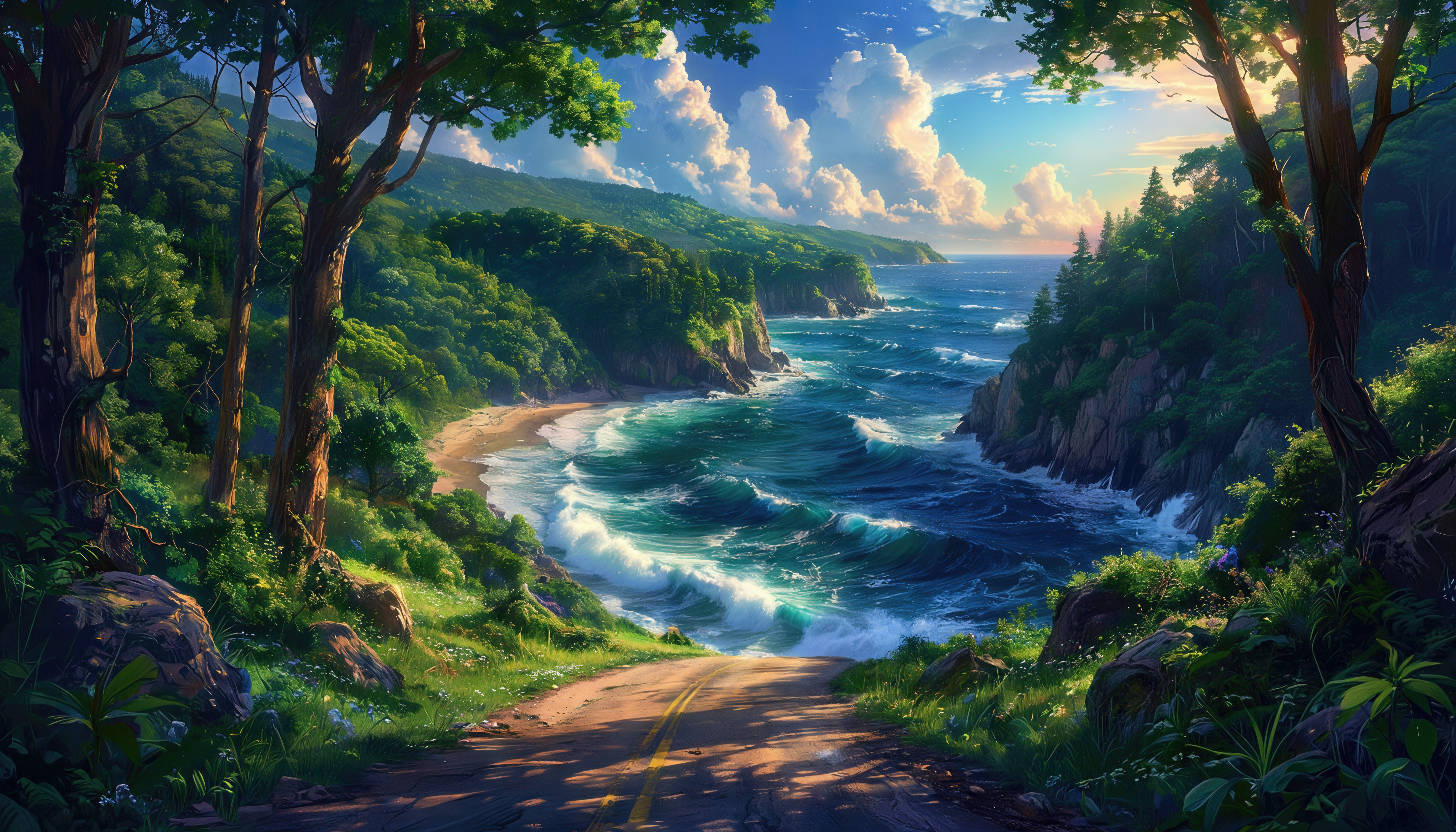 Бесплатное фото Извилистая дорога ведёт к морскому берегу, окружённому густым лесом и скалами.