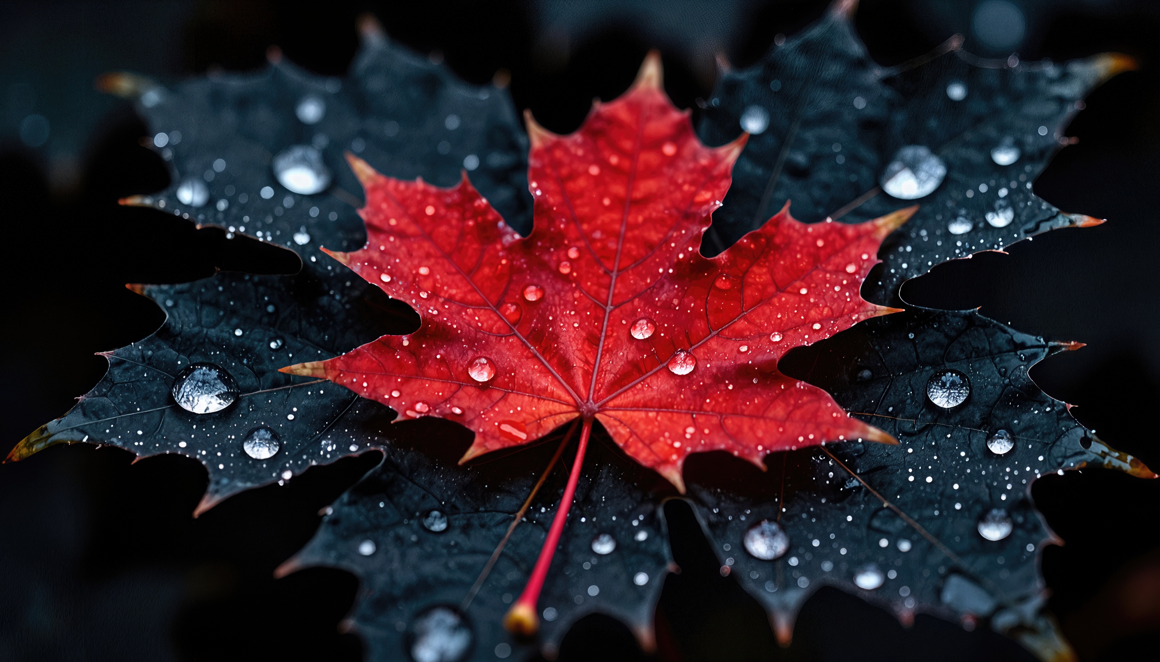 Free photo A bright red maple leaf lies on dark leaves covered with large transparent drops of dew or rain.