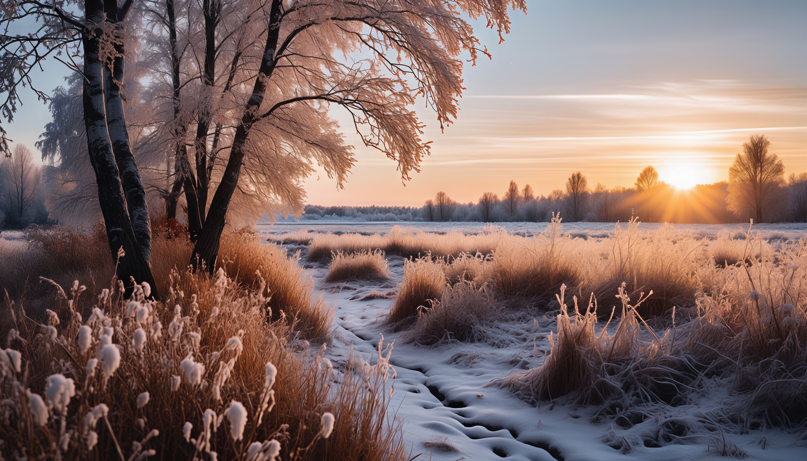 Бесплатное фото Зимний пейзаж с заснеженным полем, деревьями, покрытыми инеем, и теплым светом солнца на рассвете или закате.