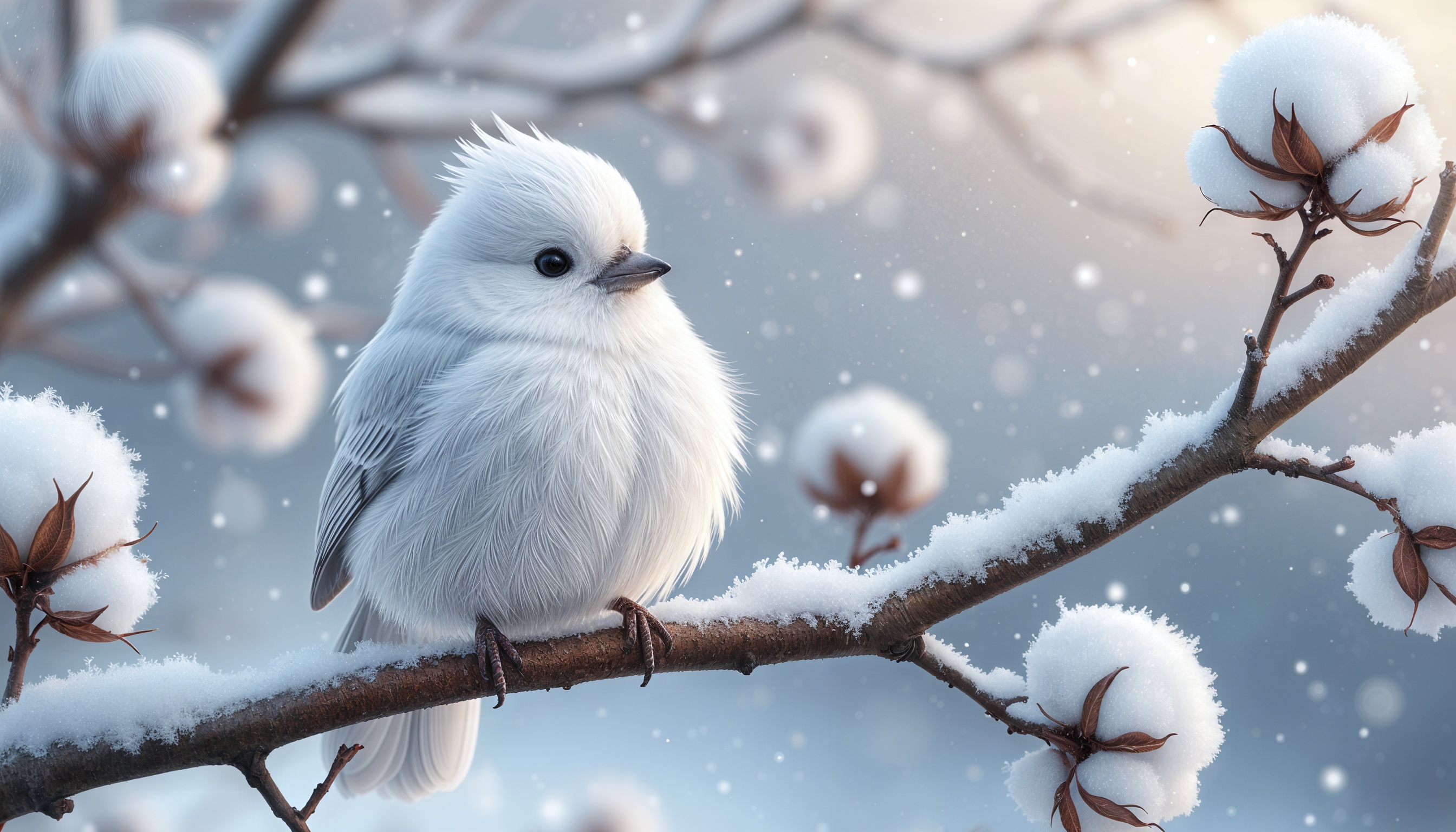 Бесплатное фото Белая птичка, сидящая на ветке, покрытой снегом.