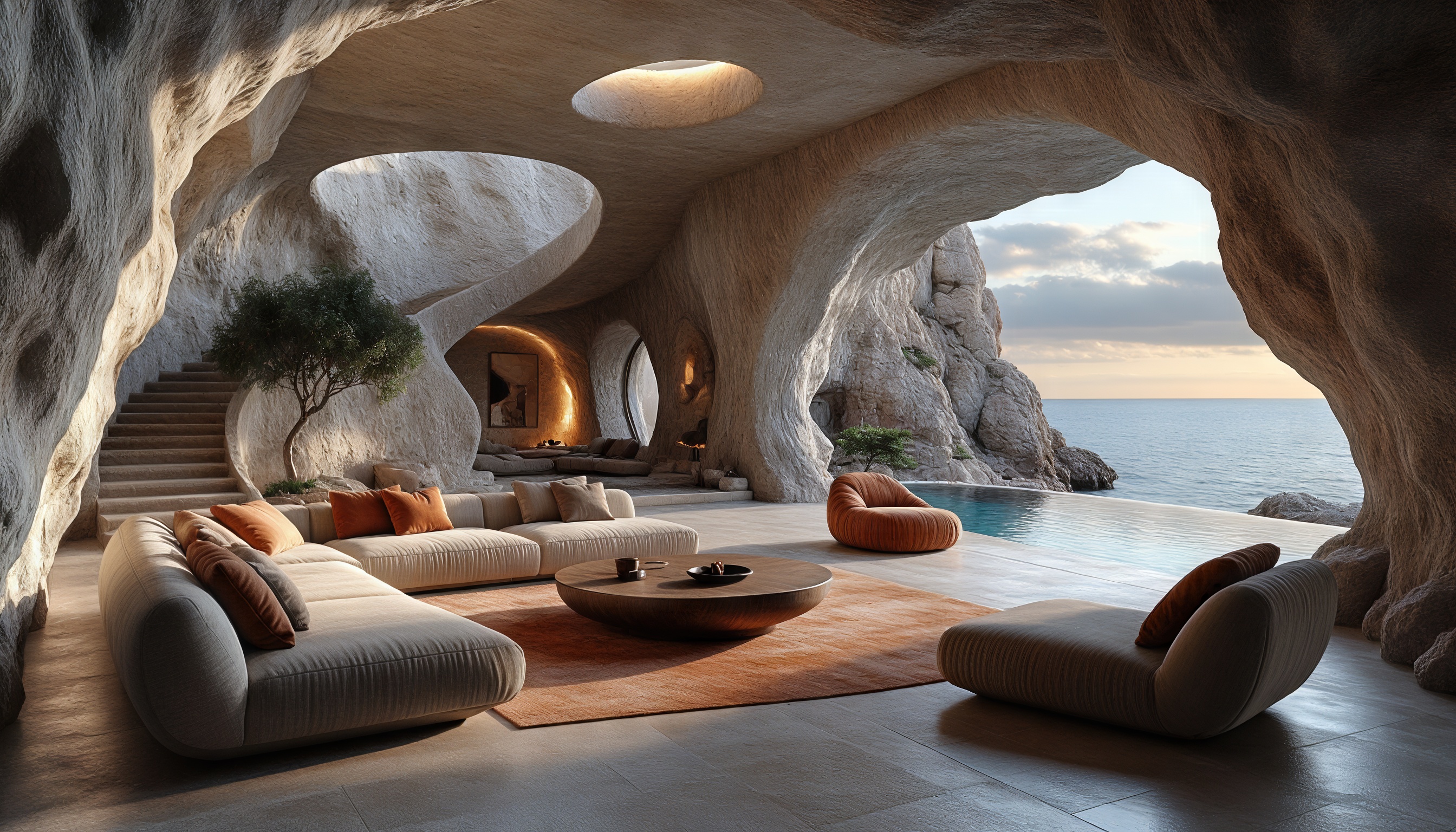Бесплатное фото Интерьер пещерного дома с органической архитектурой, натуральными материалами и видом на море.