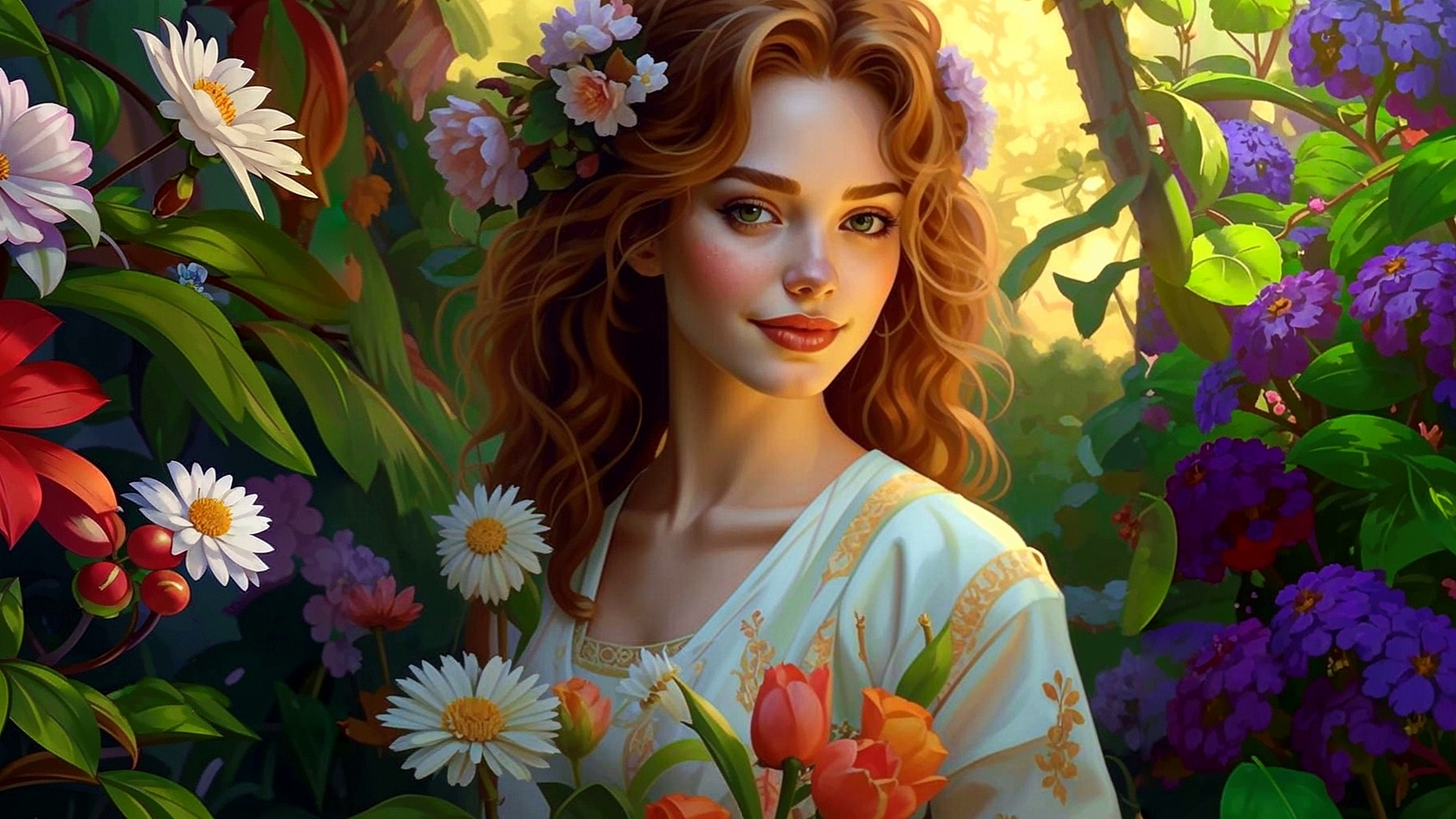 鲜花背景下的红发女孩肖像