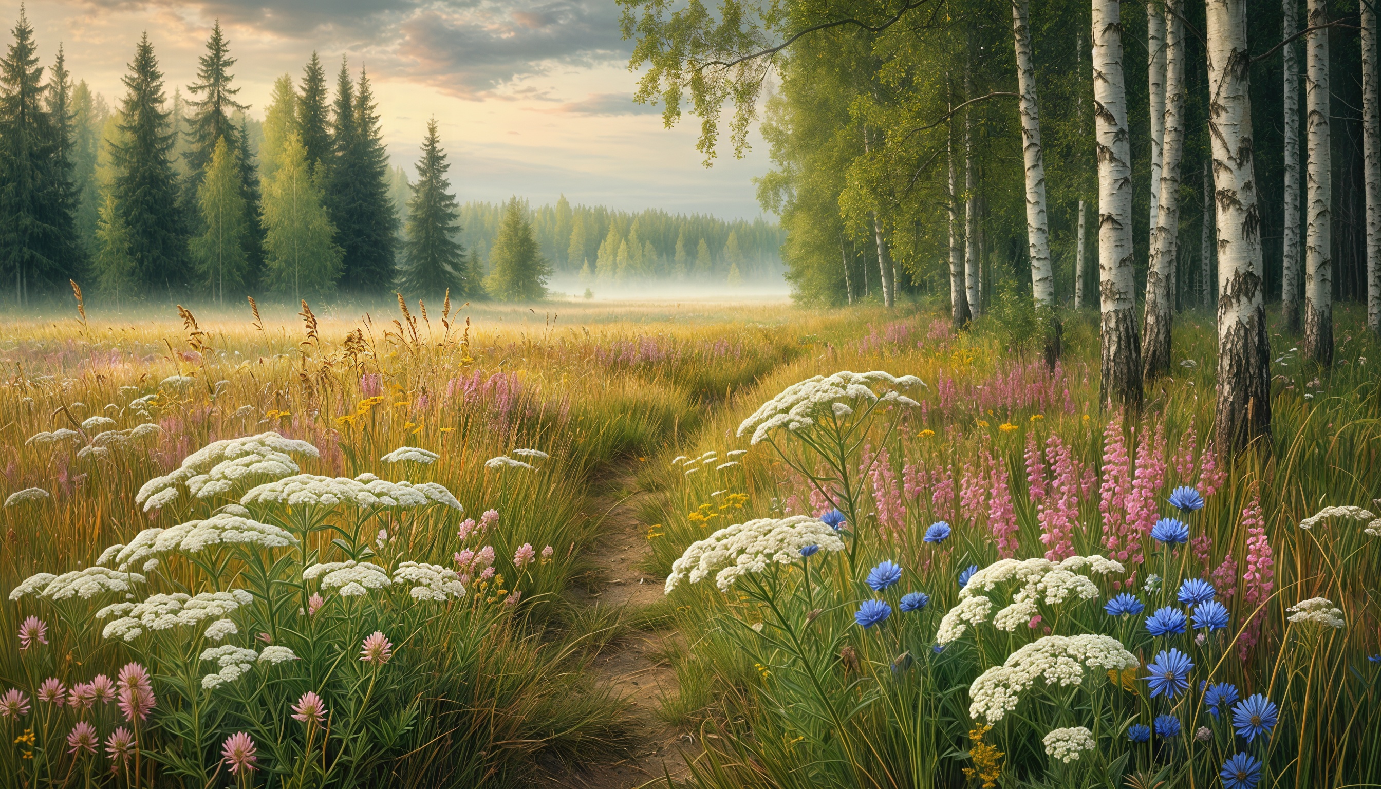Бесплатное фото Живописный пейзаж с тропинкой, ведущей через цветочное поле к лесу.
