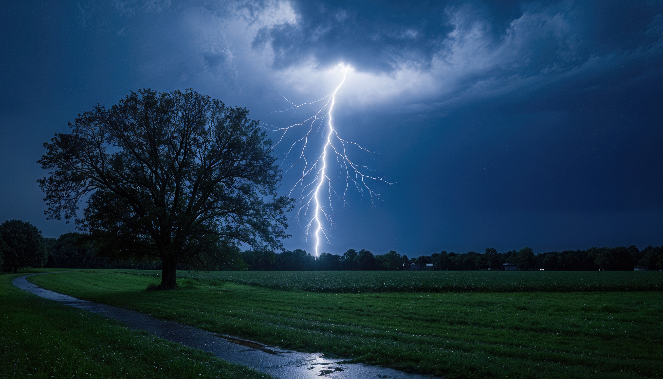 Night scene with lightning illuminating the sky and field.