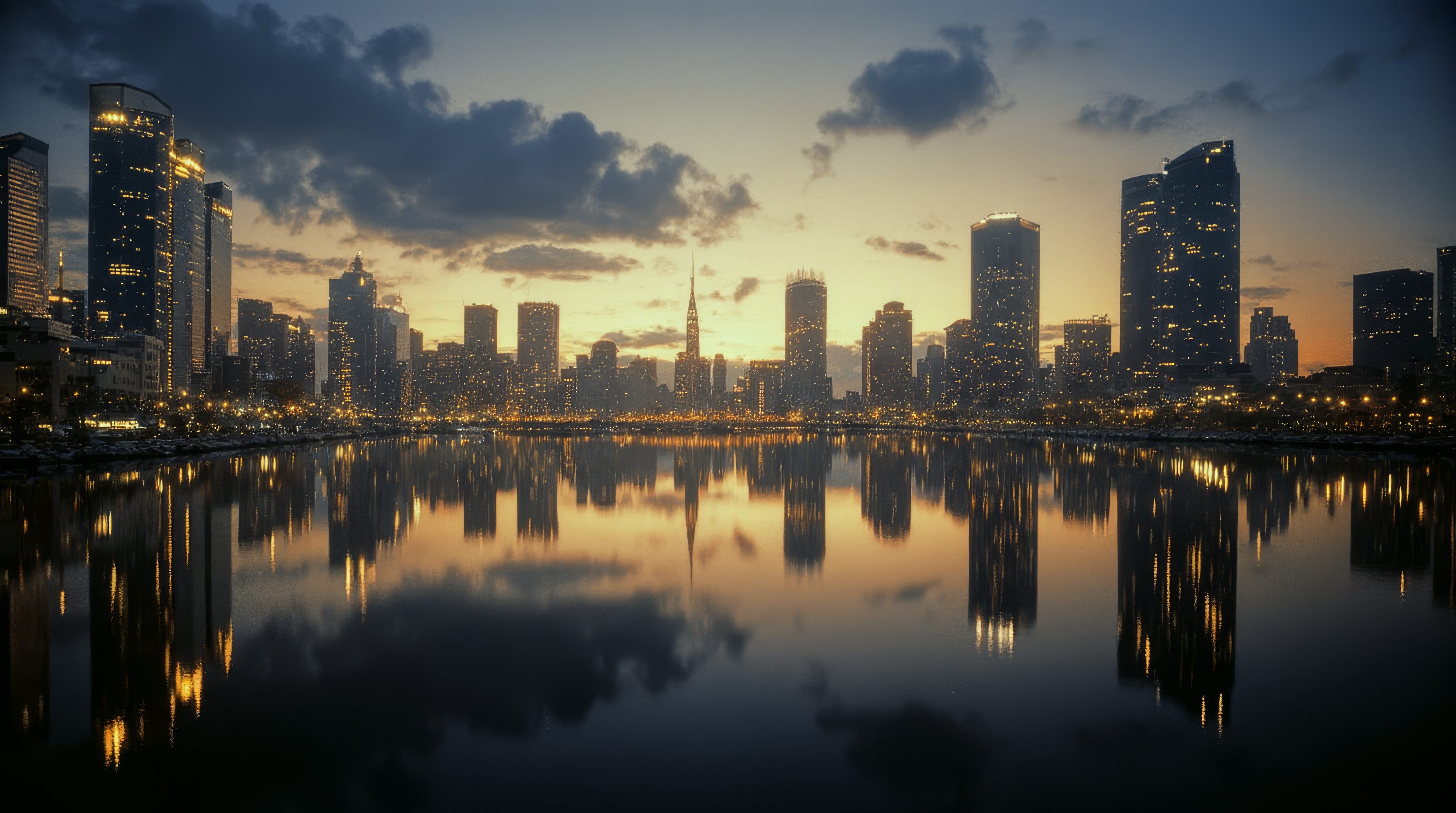 Бесплатное фото Солнце садится над городским пейзажем с множеством зданий и водоемом.