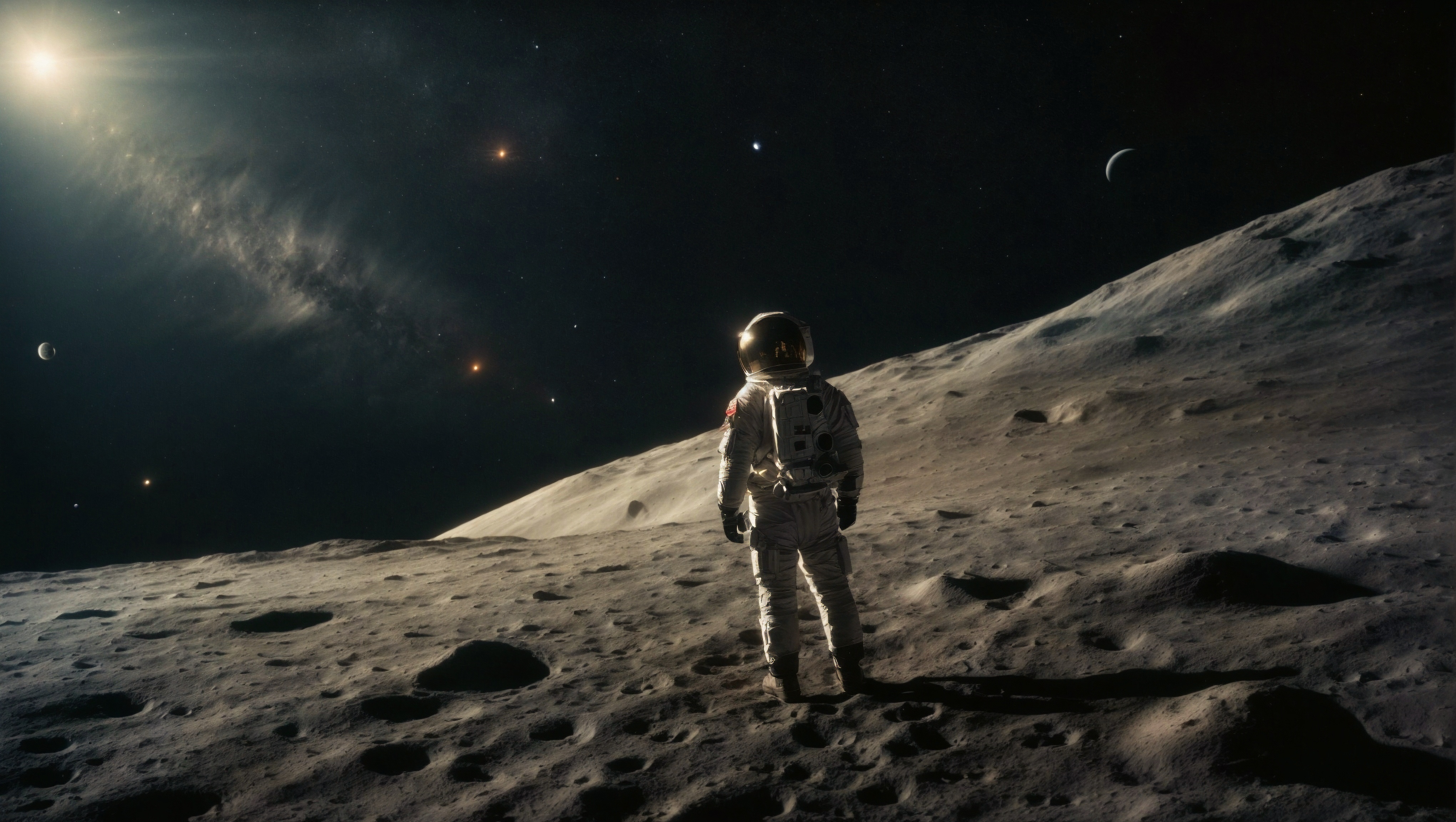 一个人站在月球上，仰望着遥远的星空。