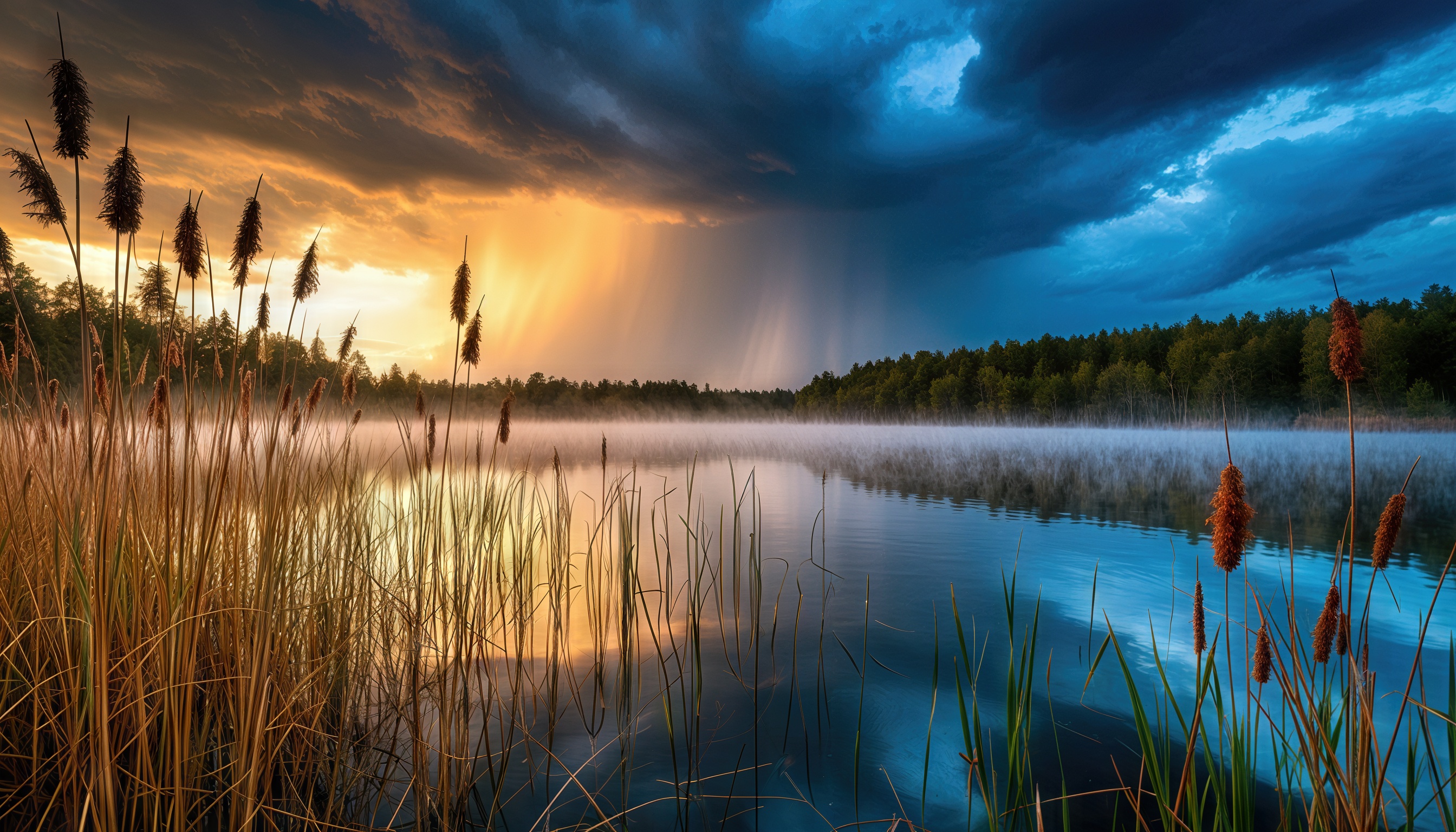 Бесплатное фото Закат на озере Лучанском в Тверской области с туманом и грозовым небом.