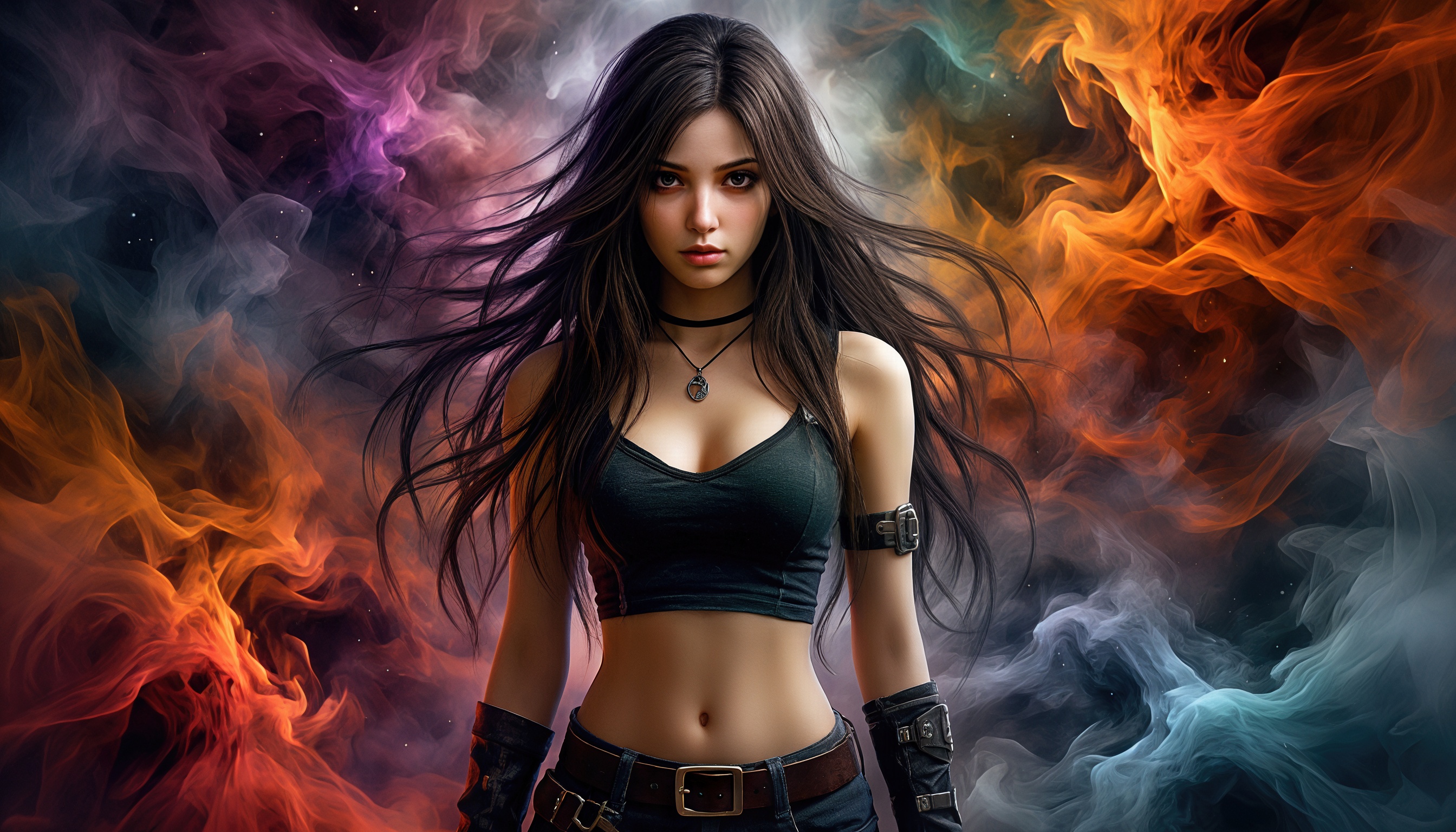 Тифа Локхарт из Final Fantasy VII в черном топе и перчатках на фоне дымчатых эффектов.