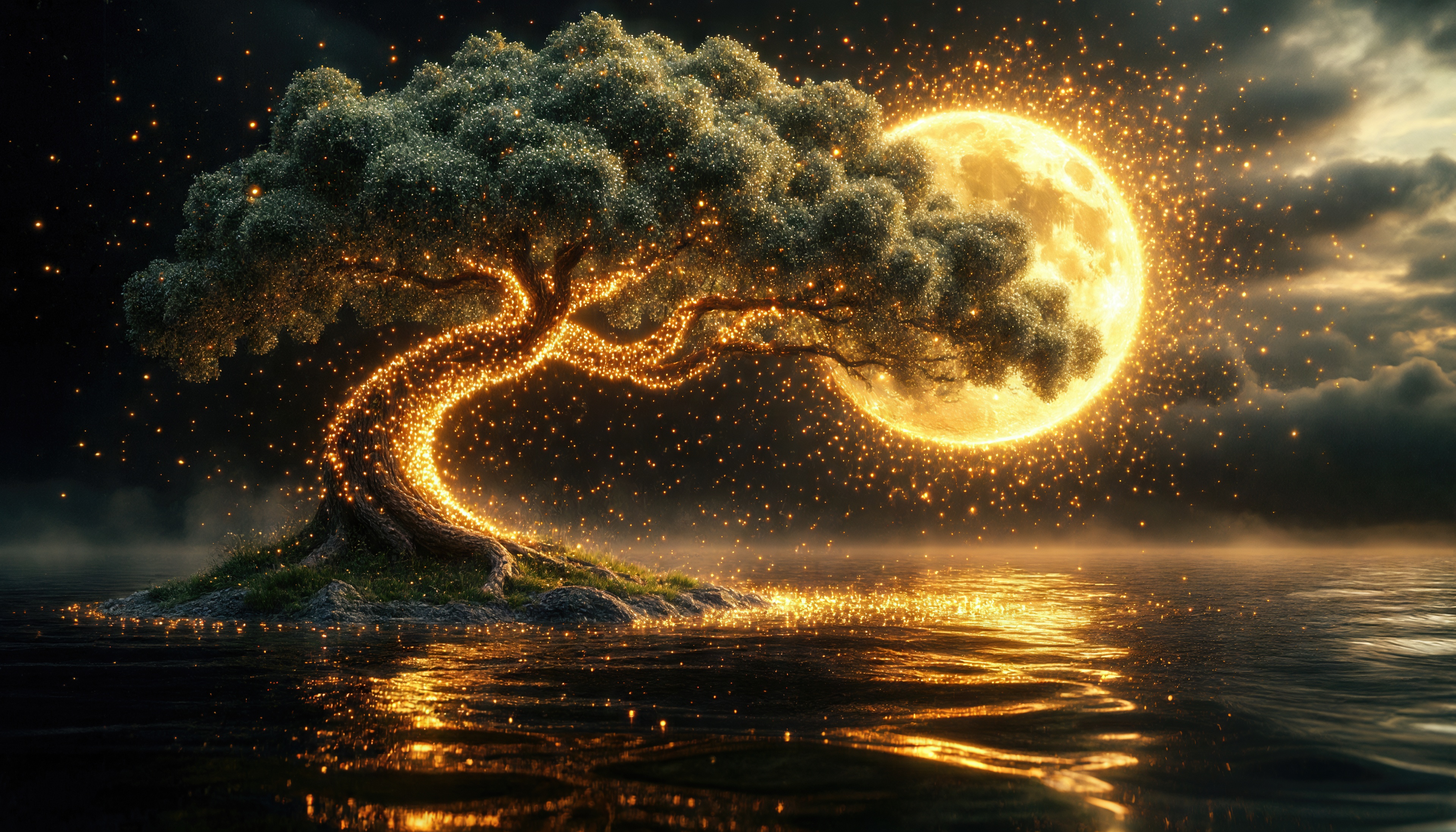 Free photo A magical tree on the island is bathed in the rays of a huge moon, surrounded by twinkling lights.