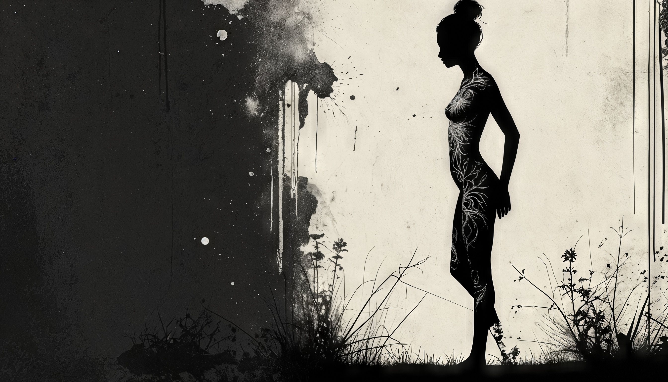 Бесплатное фото Силуэт девушки на фоне абстрактного черно-белого пейзажа с узорами на теле.