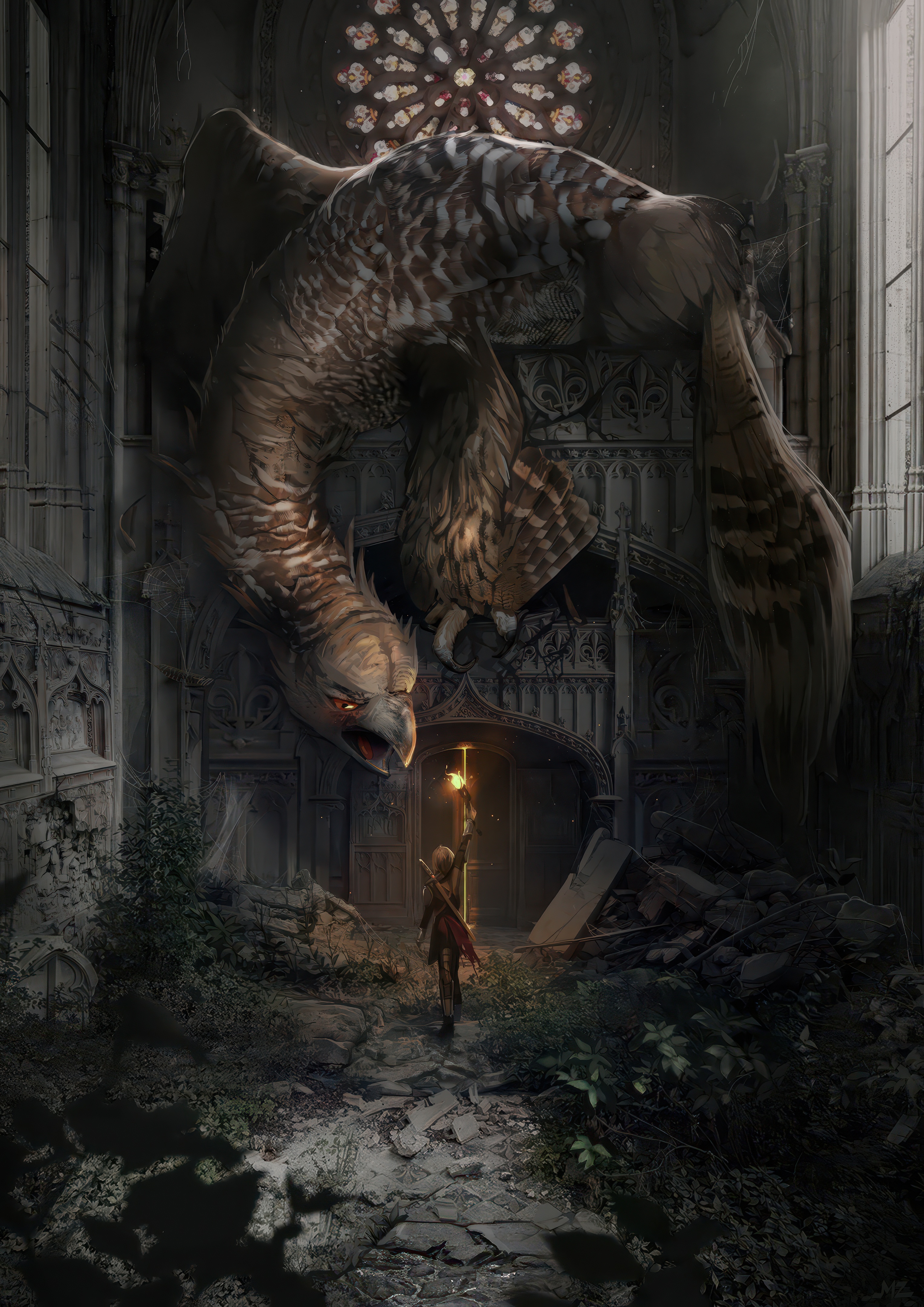 Free photo Fantasy scene: a griffin and a man in medieval garb next to the ruins of a cathedral, symbols of threat and light.