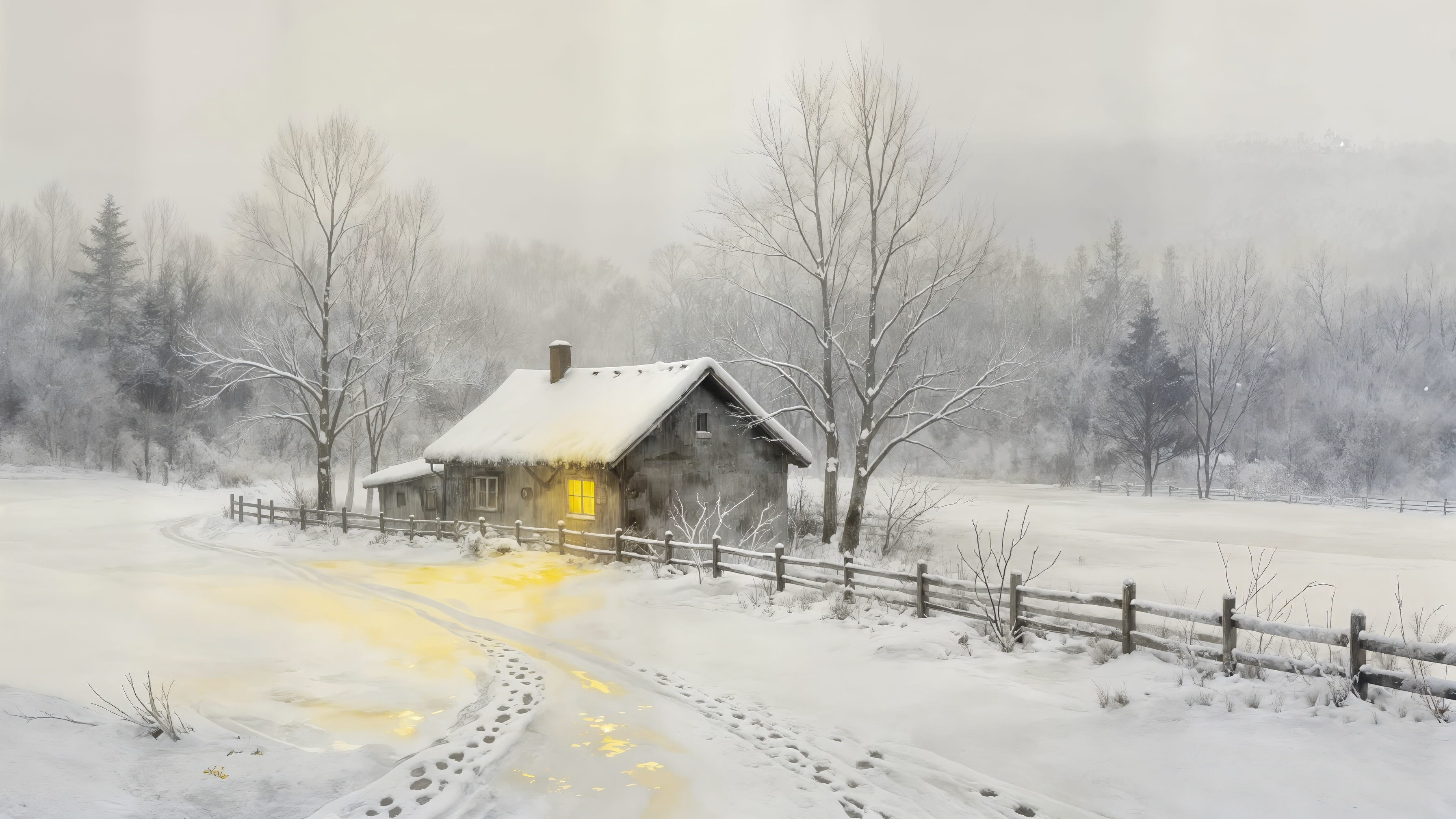 Бесплатное фото Картина, изображающая заснеженный загородный дом с подсветкой
