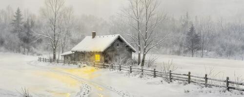 Бесплатное фото Картина, изображающая заснеженный загородный дом с подсветкой