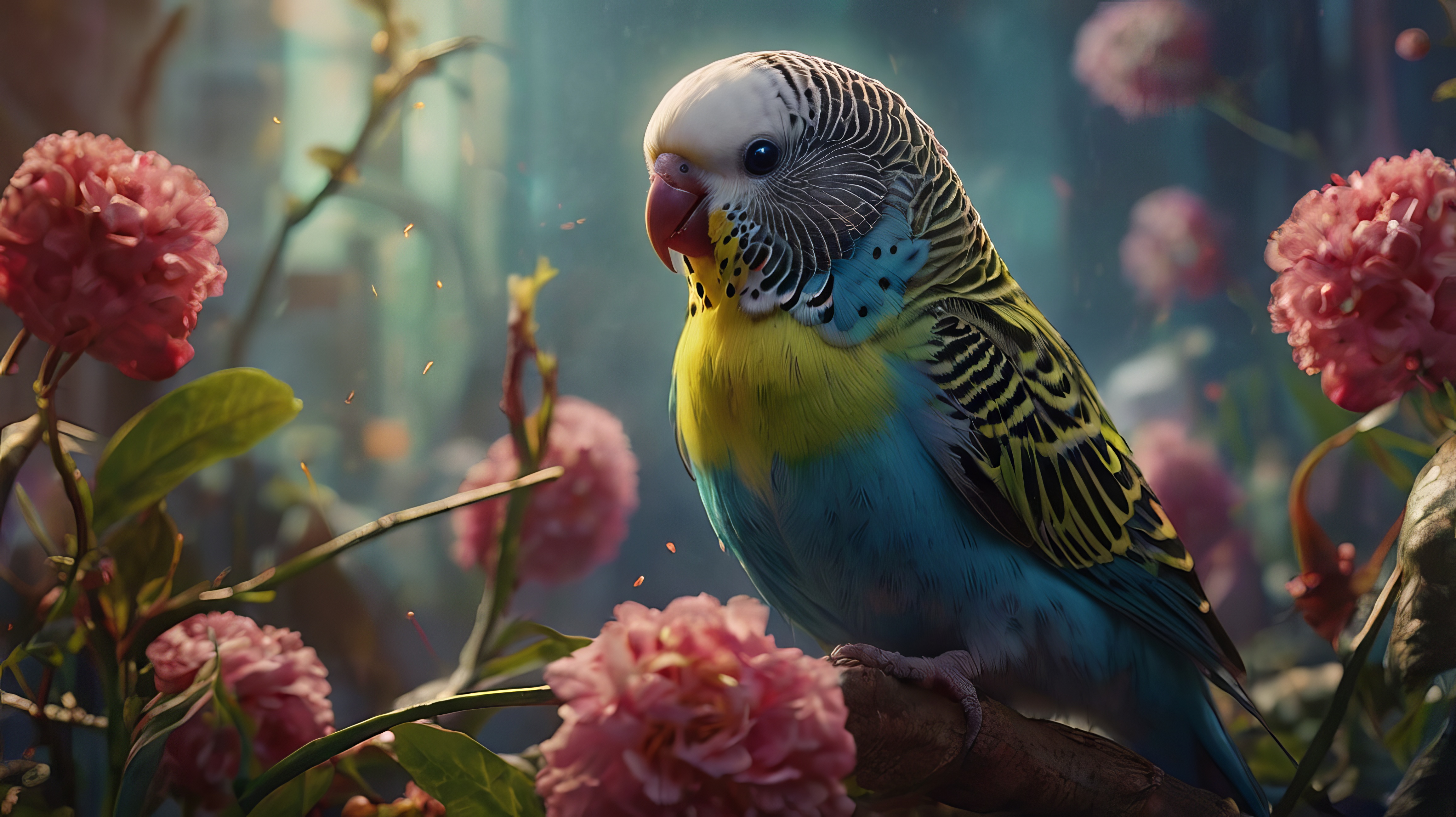 Бесплатное фото Птица сидит на ветке дерева рядом с цветами