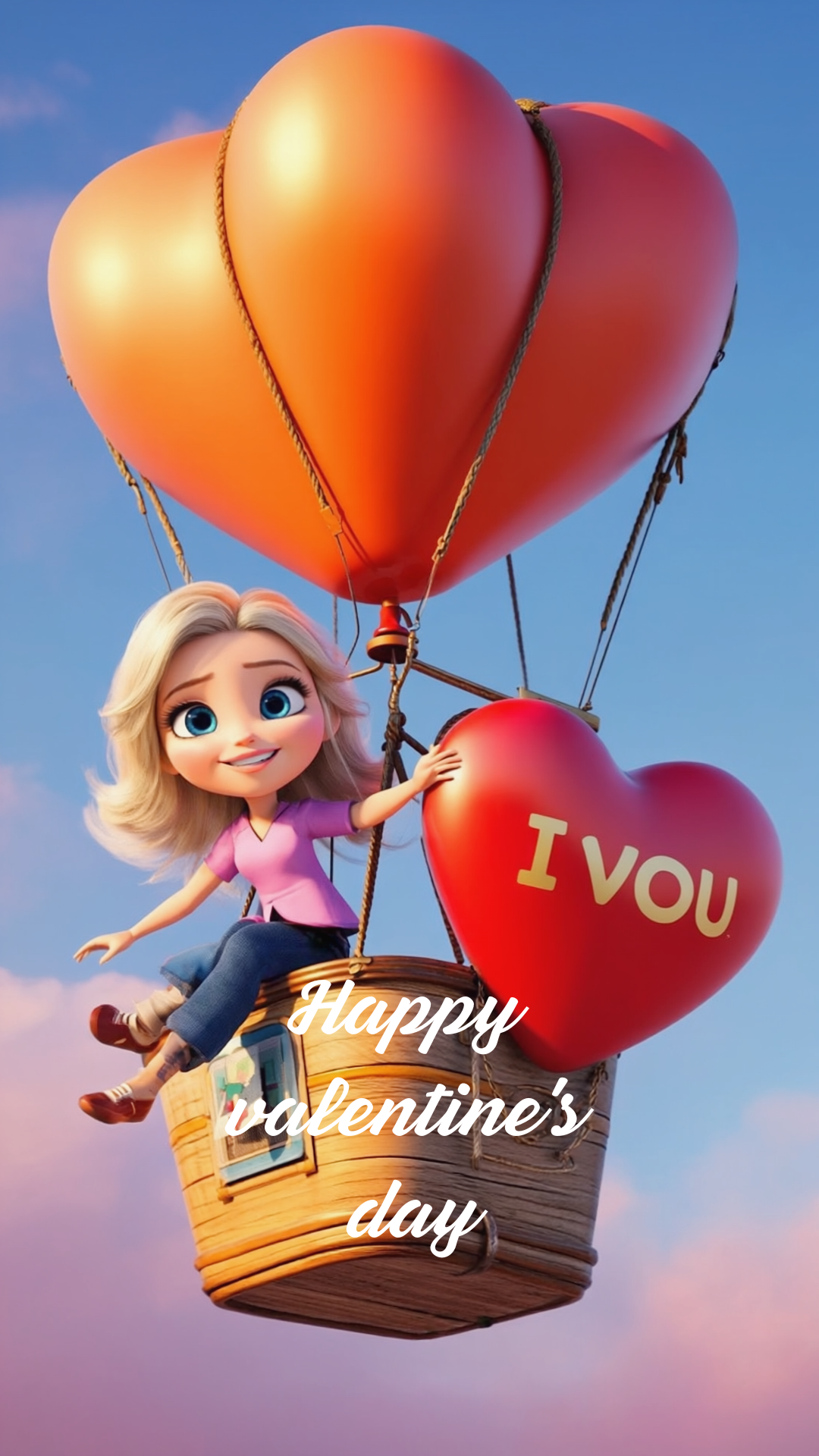 Бесплатная открытка Молодая женщина блондинка летит на воздушном шаре.