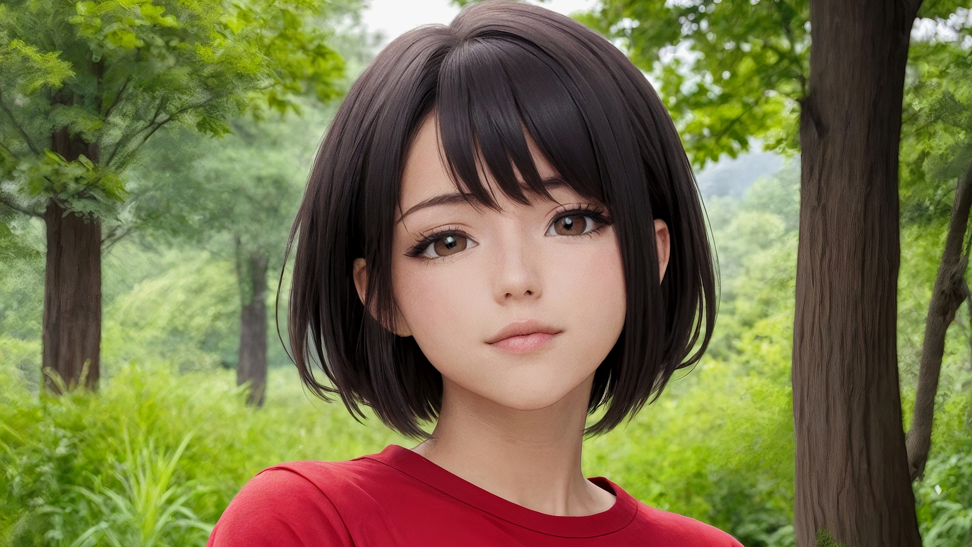 Бесплатное фото Портрет аниме девушки шатенки в красной майке на фоне леса