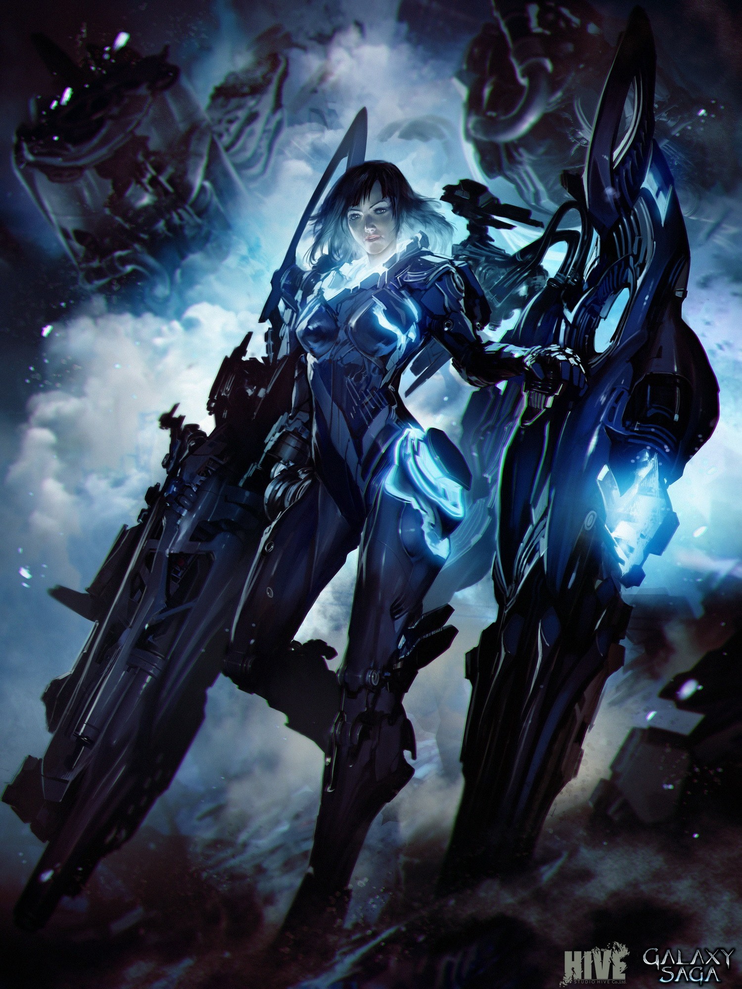 Бесплатное фото В футуристической броне с мечом