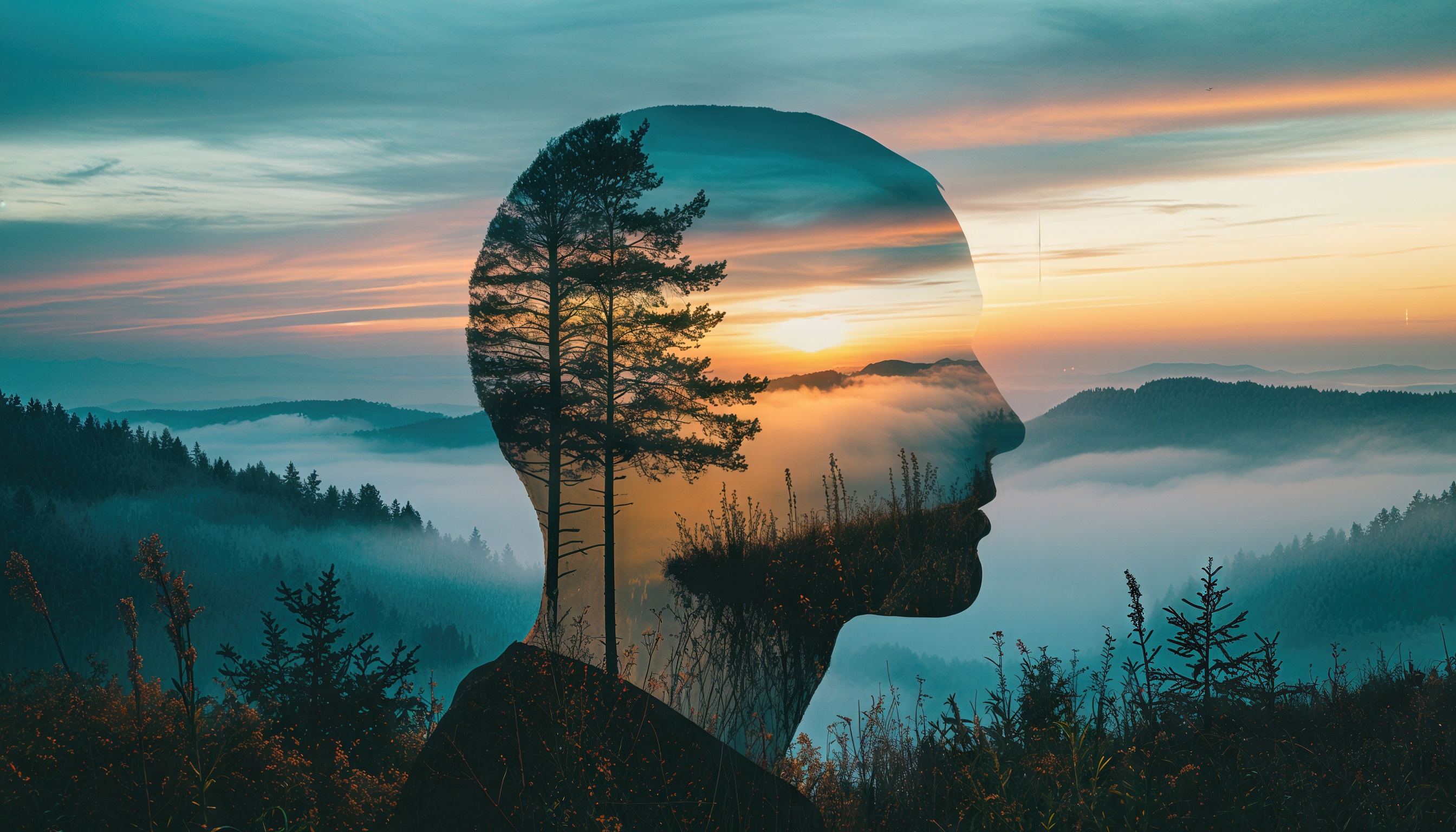 Двойная экспозиция силуэта человека на фоне гор, леса и облаков, освещенных рассветным светом.