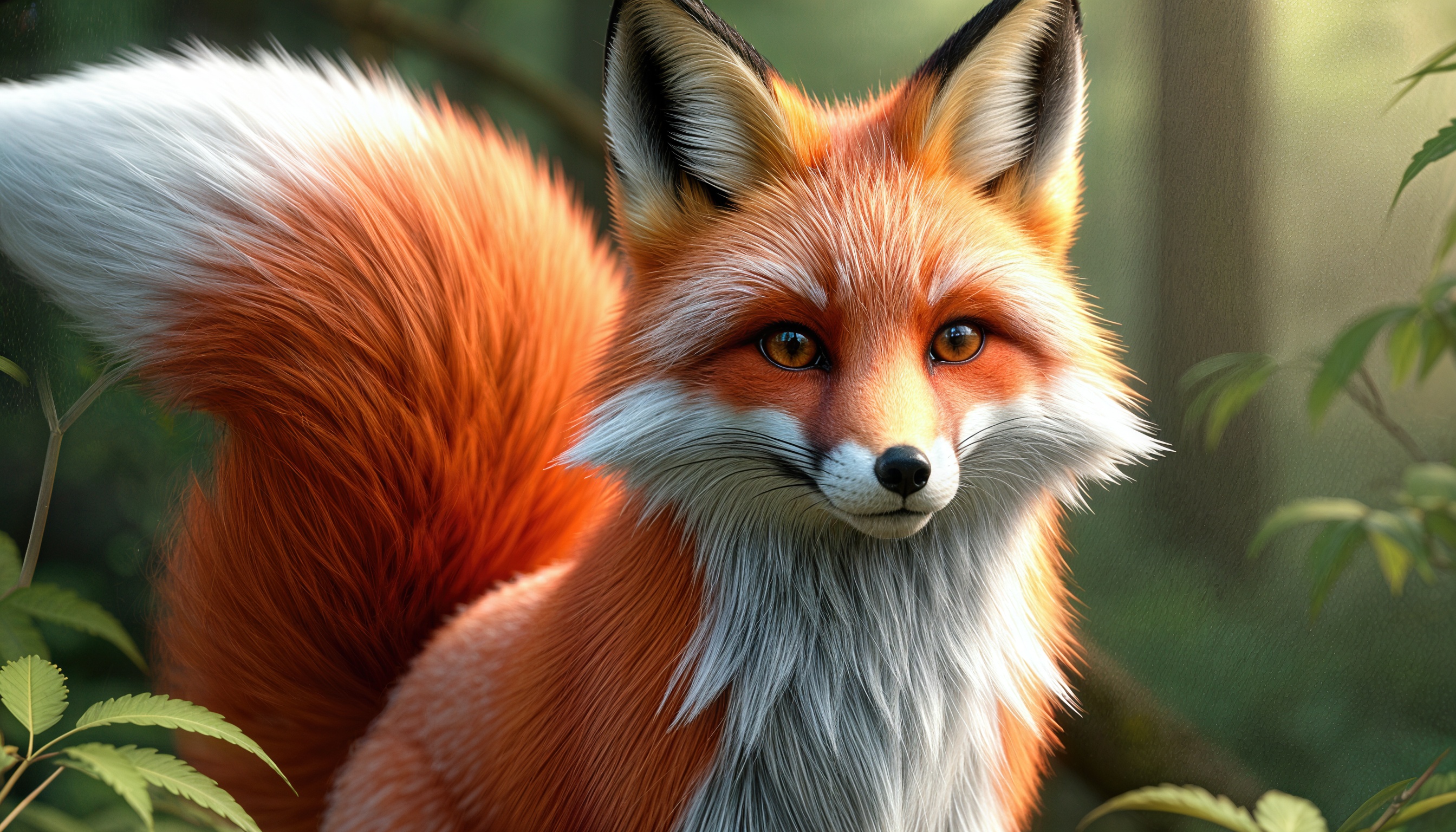 Лисица с ярко-рыжей шерстью и белым кончиком хвоста на фоне леса