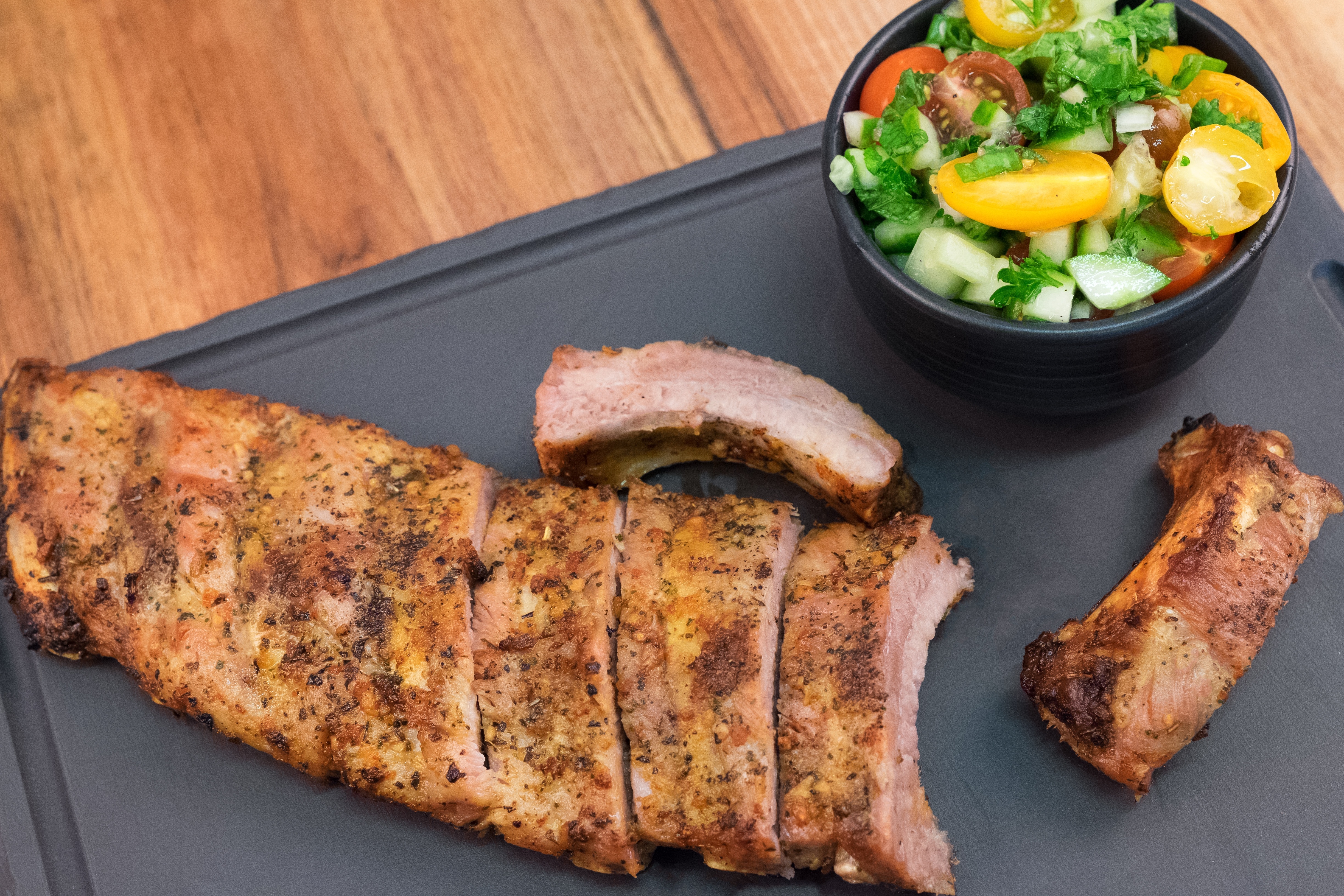 Delicious roasted pork with salad