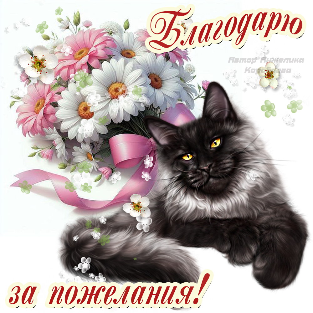 Бесплатная открытка Кот с цветами выражает благодарность