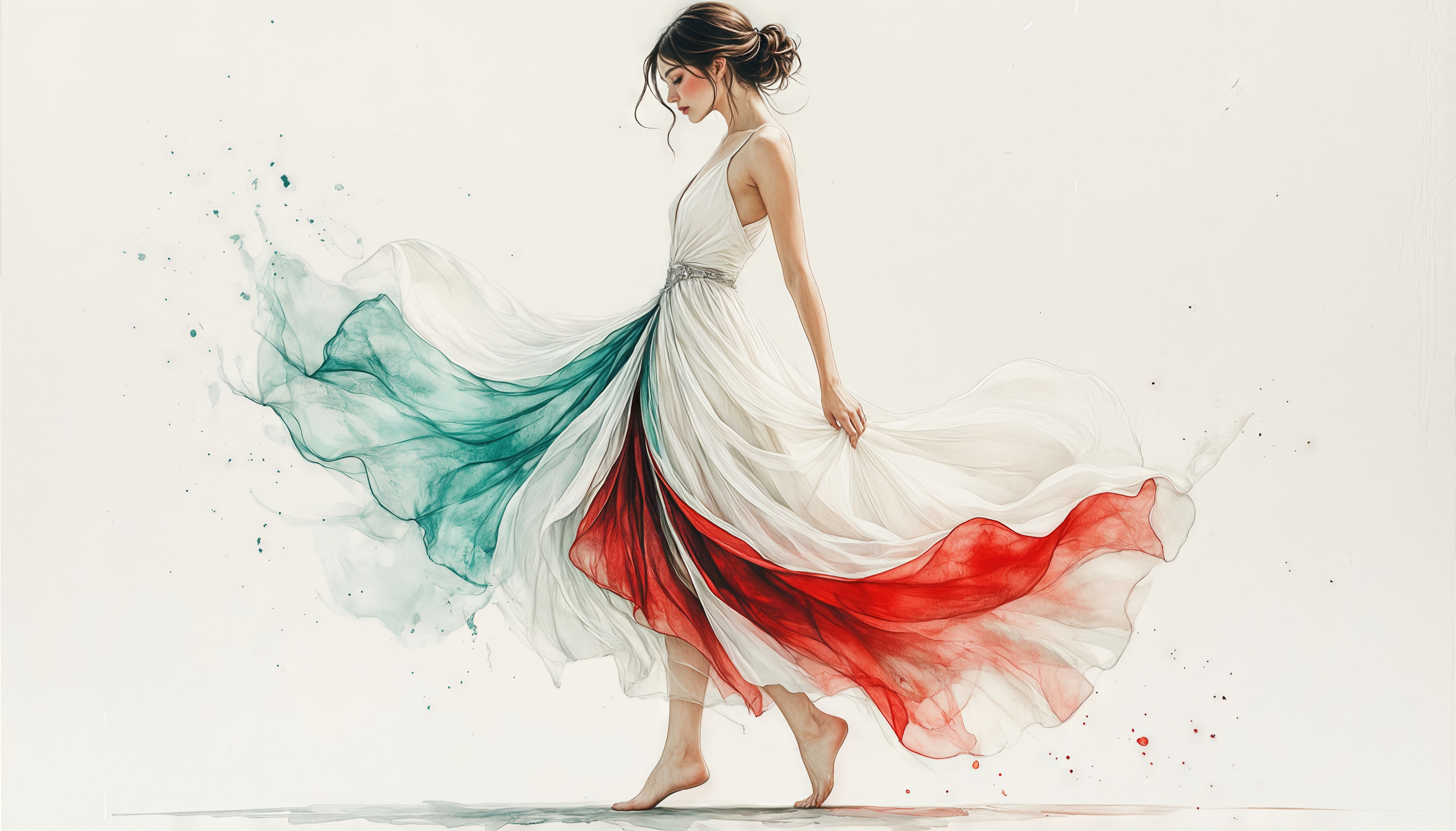 Девушка в струящемся платье, акварельная лёгкость движения.