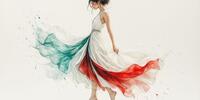 Девушка в струящемся платье, акварельная лёгкость движения.