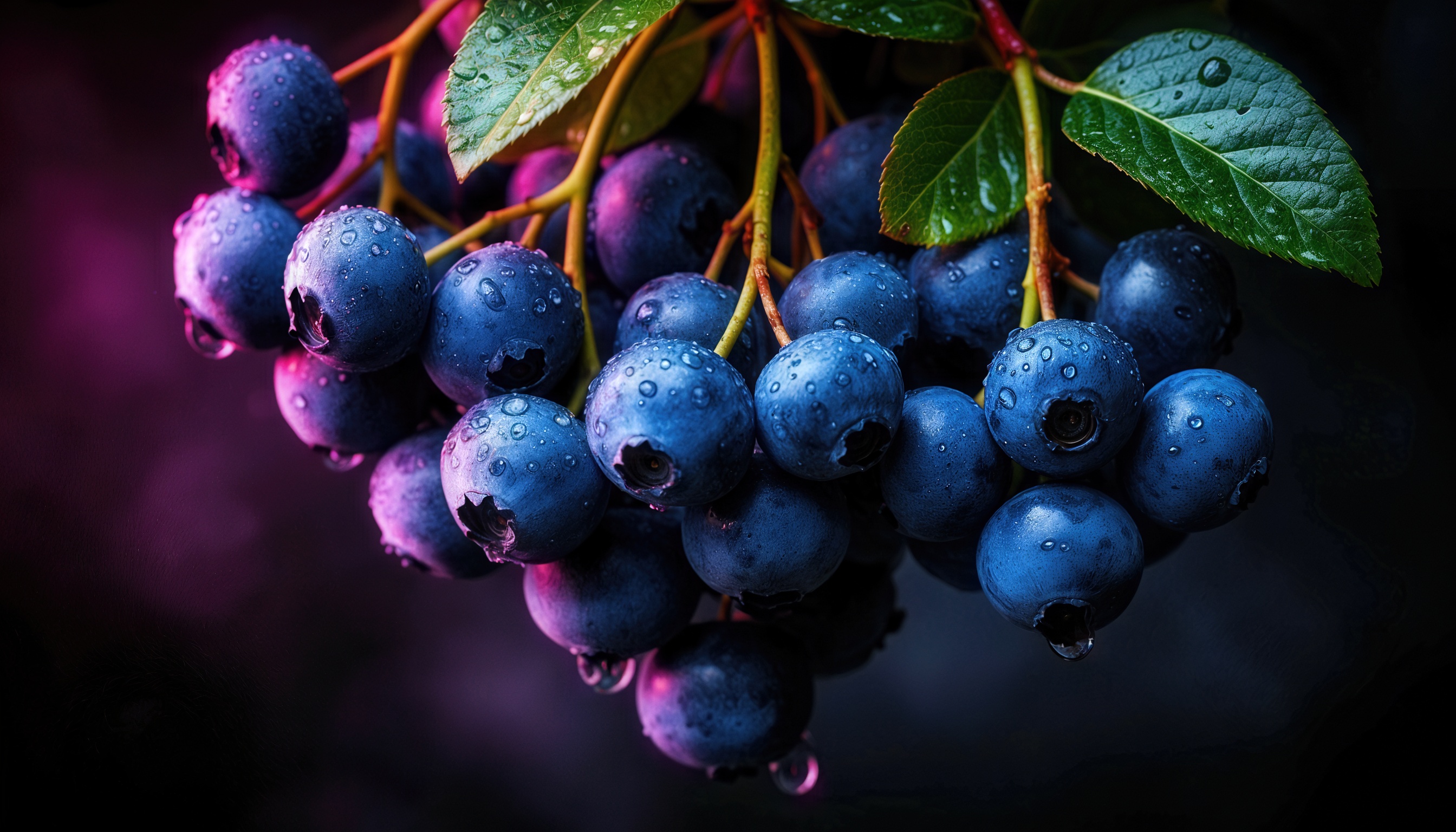 Бесплатное фото Свежая гроздь черники с каплями воды на темно-синих ягодах и зеленых листьях на темном фоне.