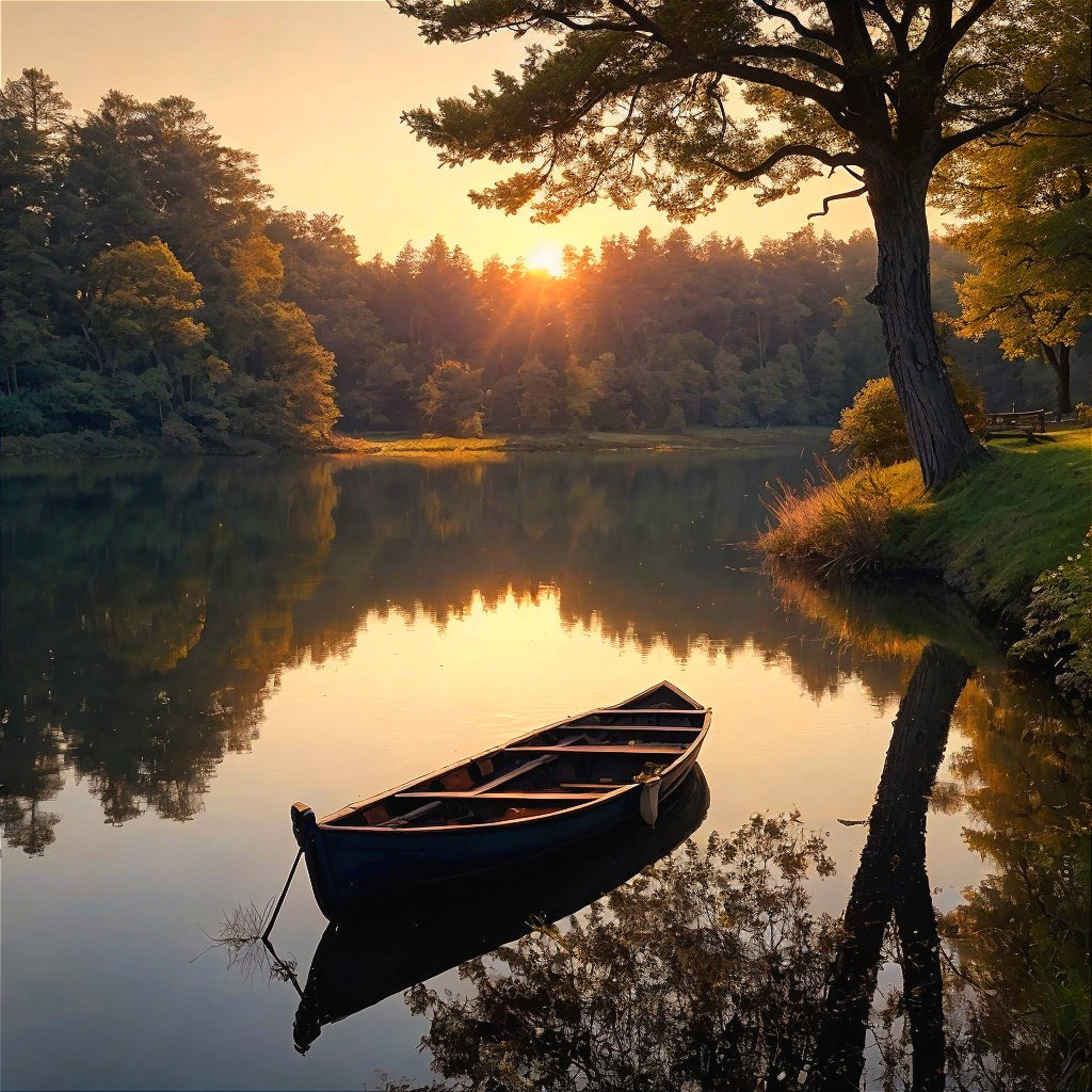 Лодка на рассвете на озере