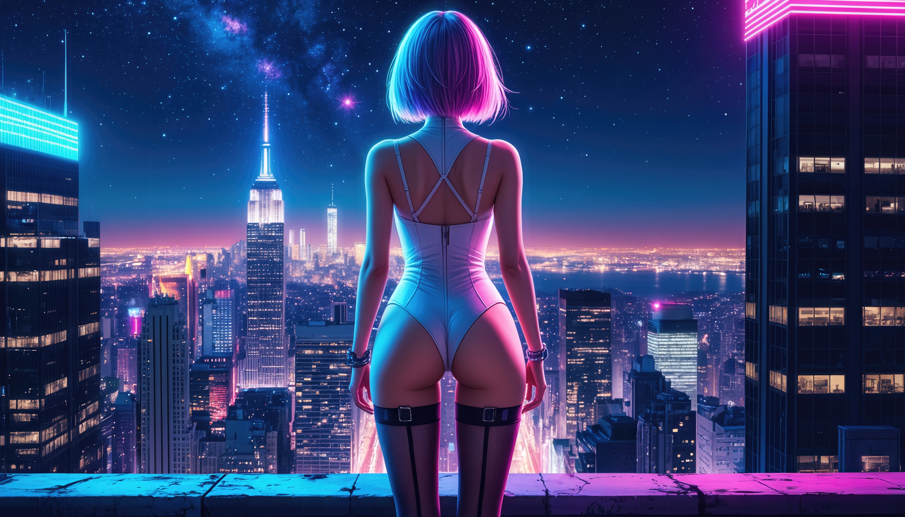 Free photo A girl on a rooftop contemplates neon New York City under the starry sky.