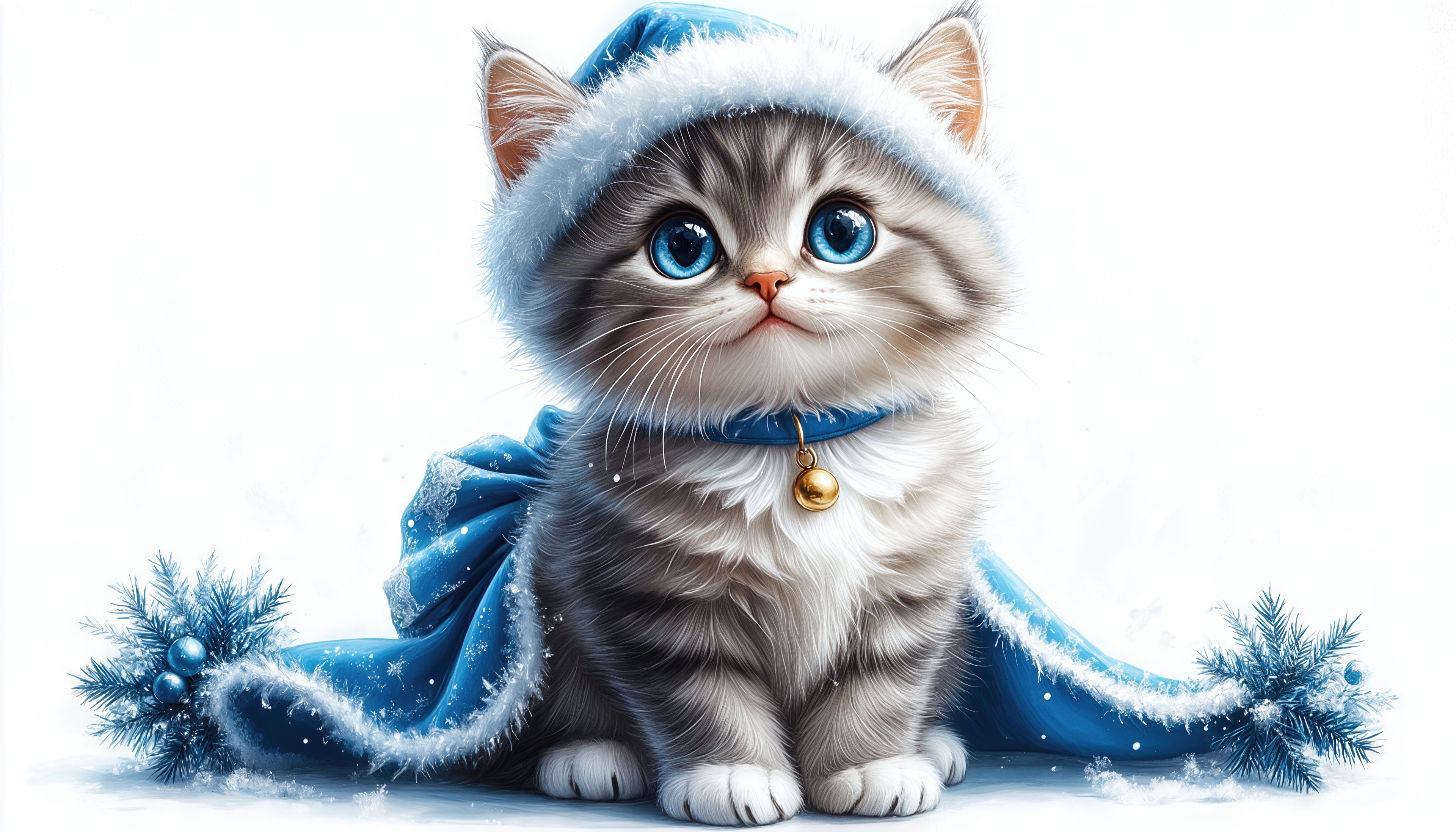Бесплатное фото Пушистый котёнок в синей шапке и накидке с колокольчиком сидит среди еловых веточек и снега.