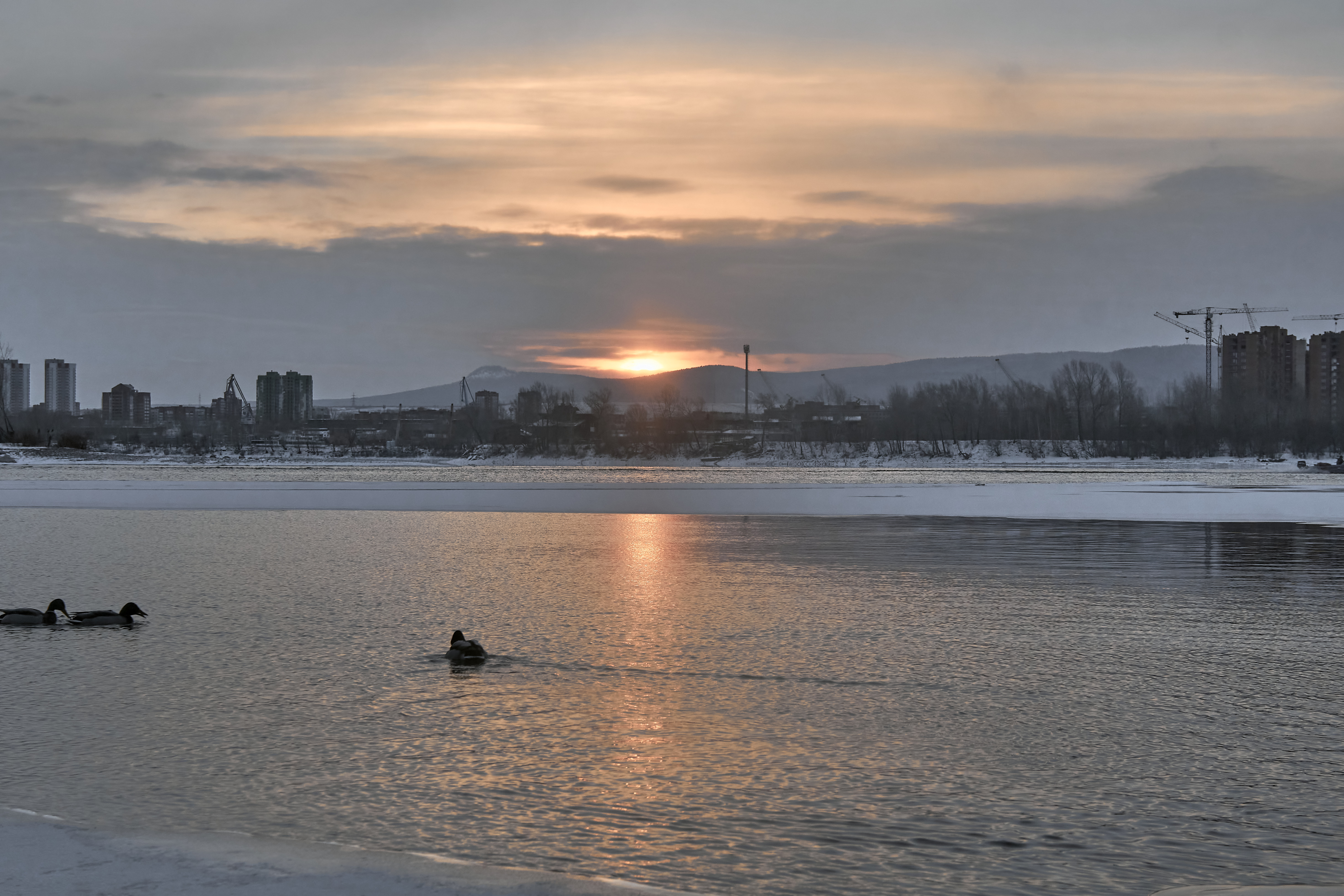Dawn over the Yenisei in winter