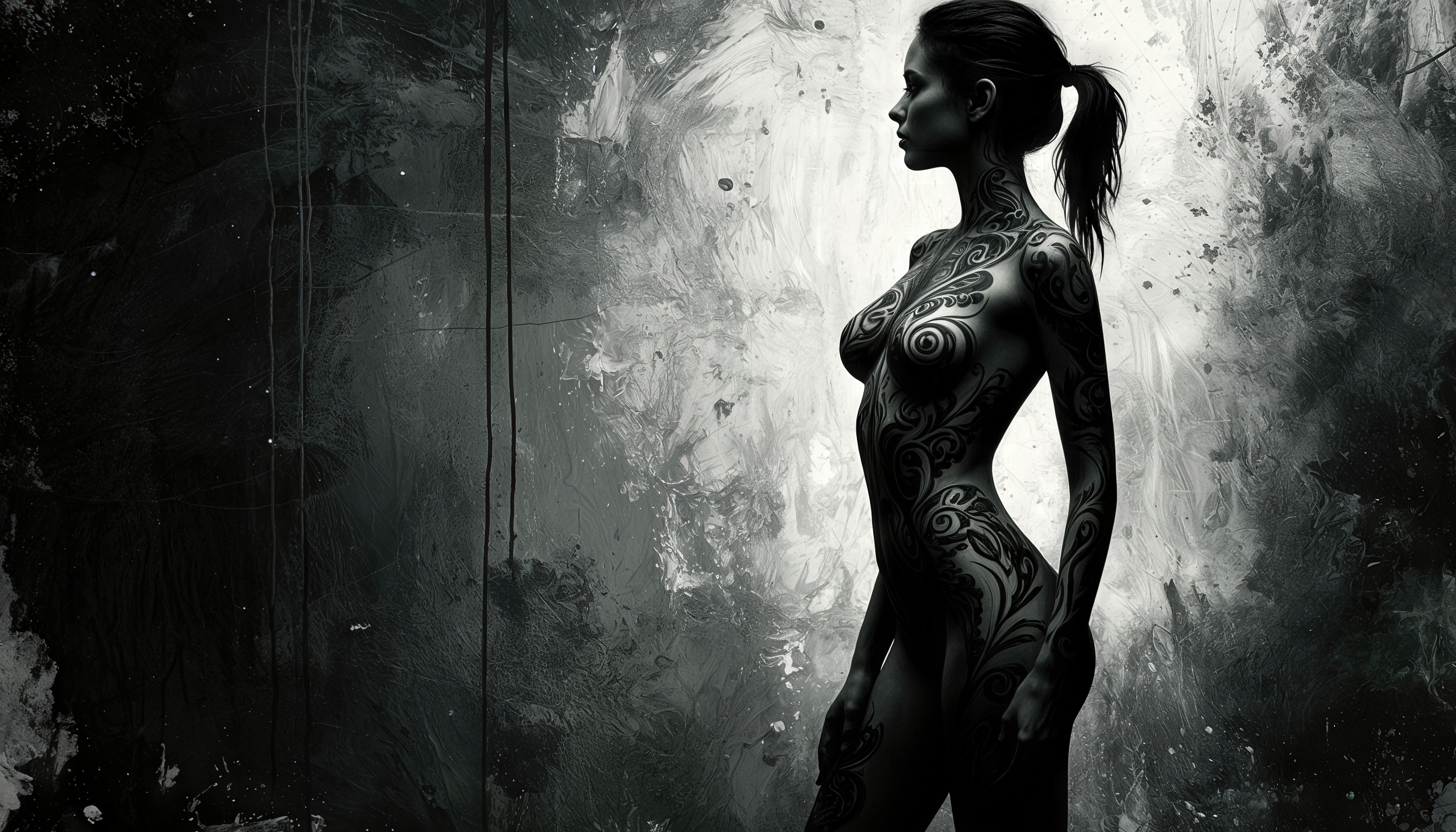 Бесплатное фото Женщина с татуировками в стиле морских волн на фоне монохромного изображения, создающего атмосферу таинственности.