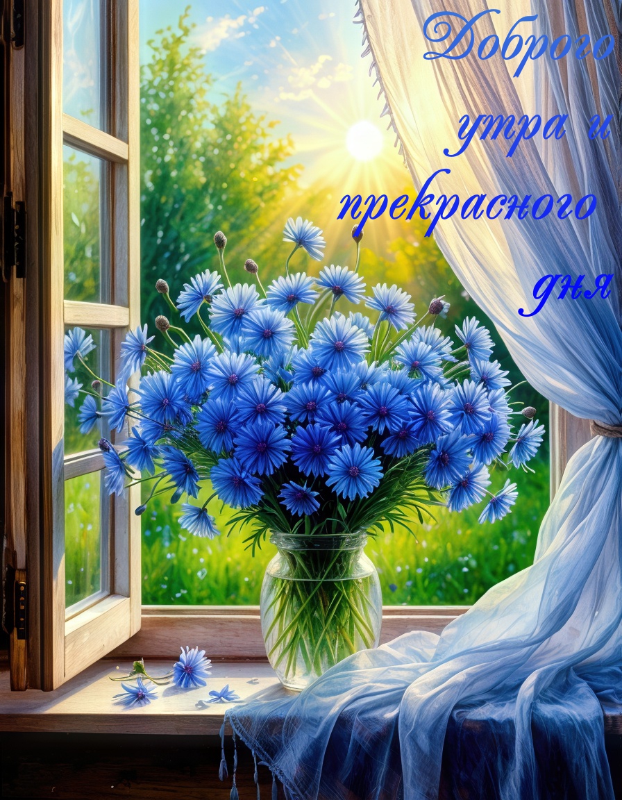 Бесплатная открытка Букет васильков в вазе на подоконнике открытого окна с пожеланием доброго утра.