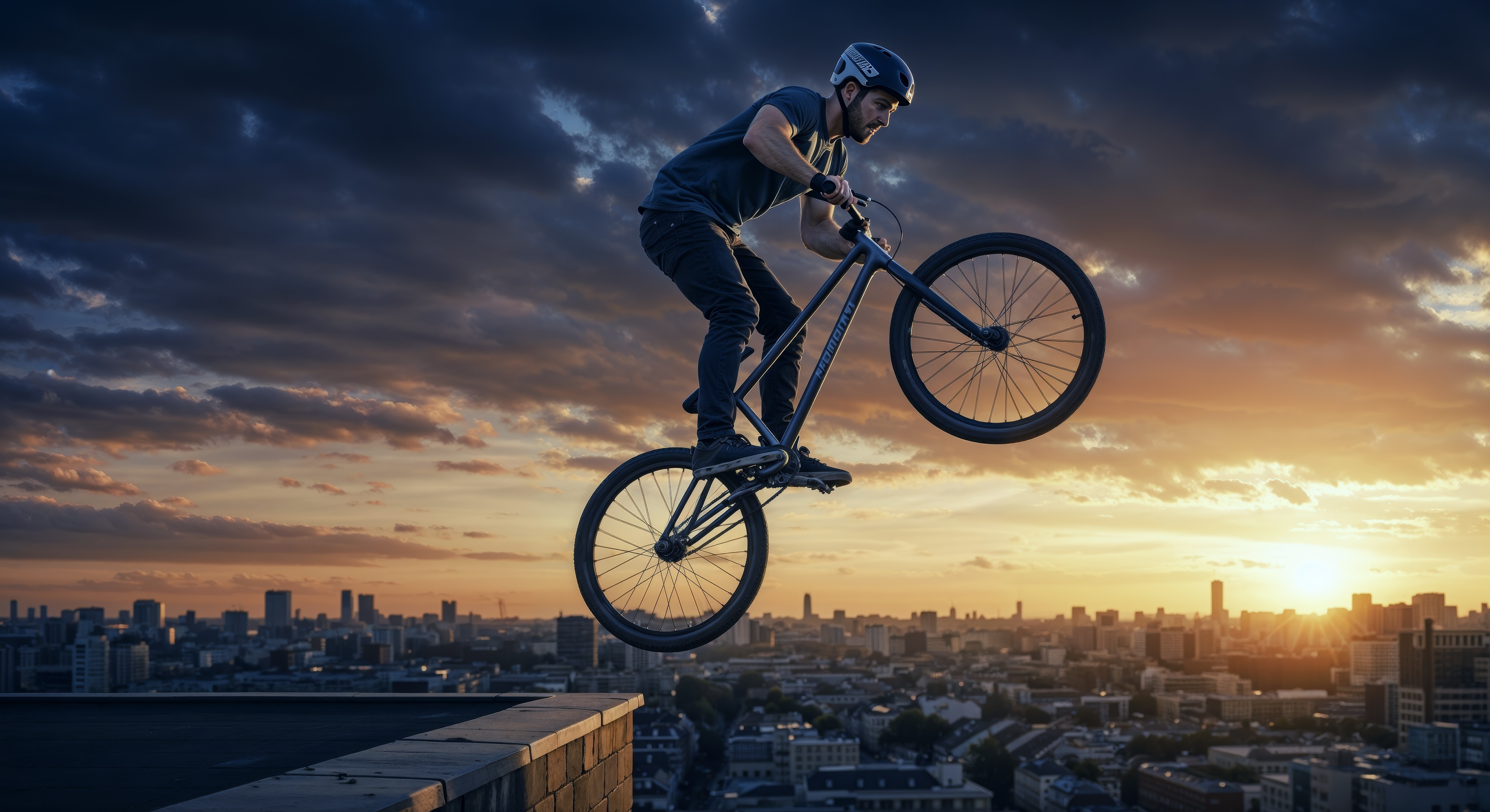 A male in a helmet and a bike is jumping