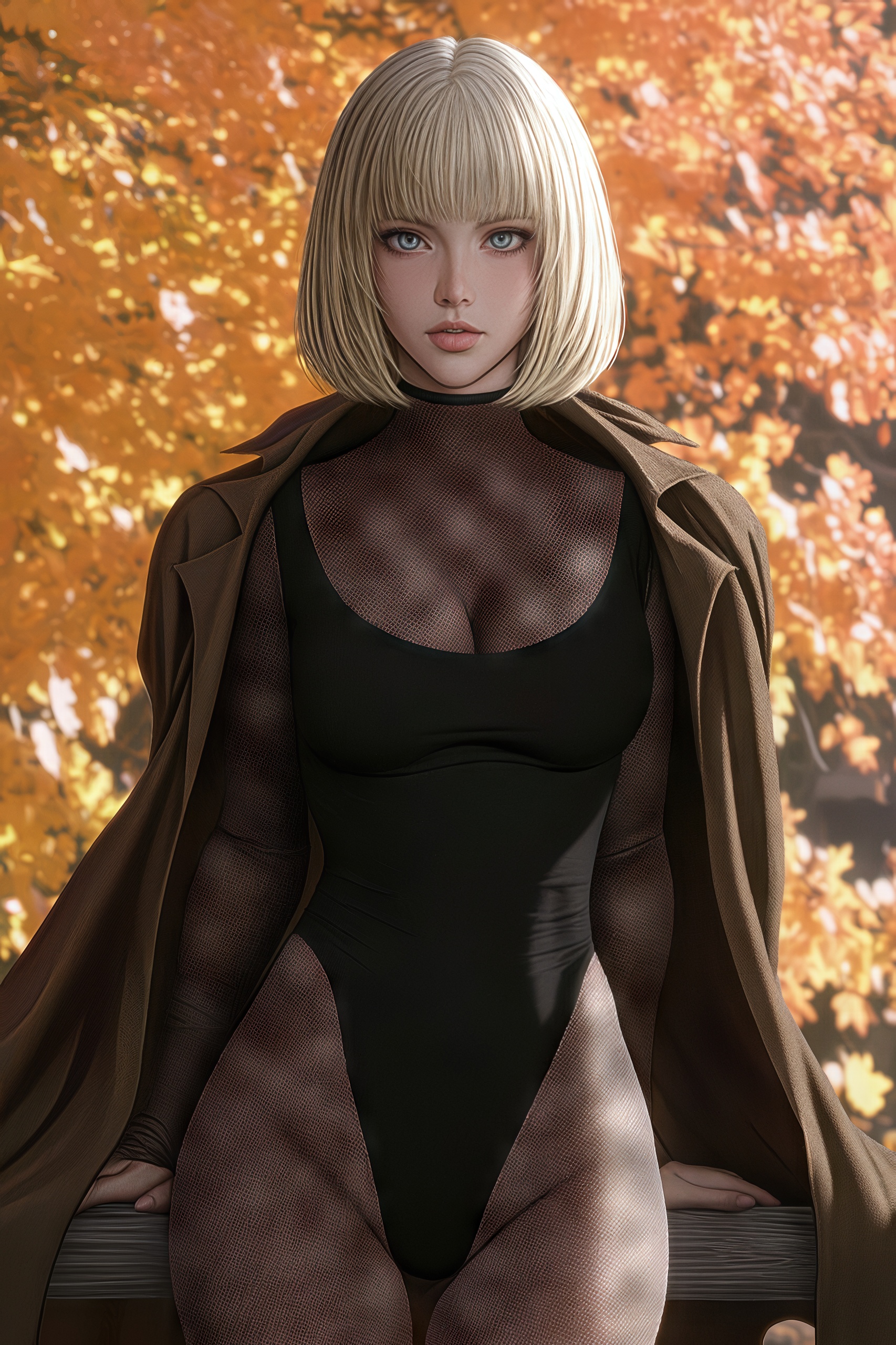 Бесплатное фото Эшли Грэм из Resident Evil 4 в необычном образе: черный купальник, коричневое пальто, осенний фон.