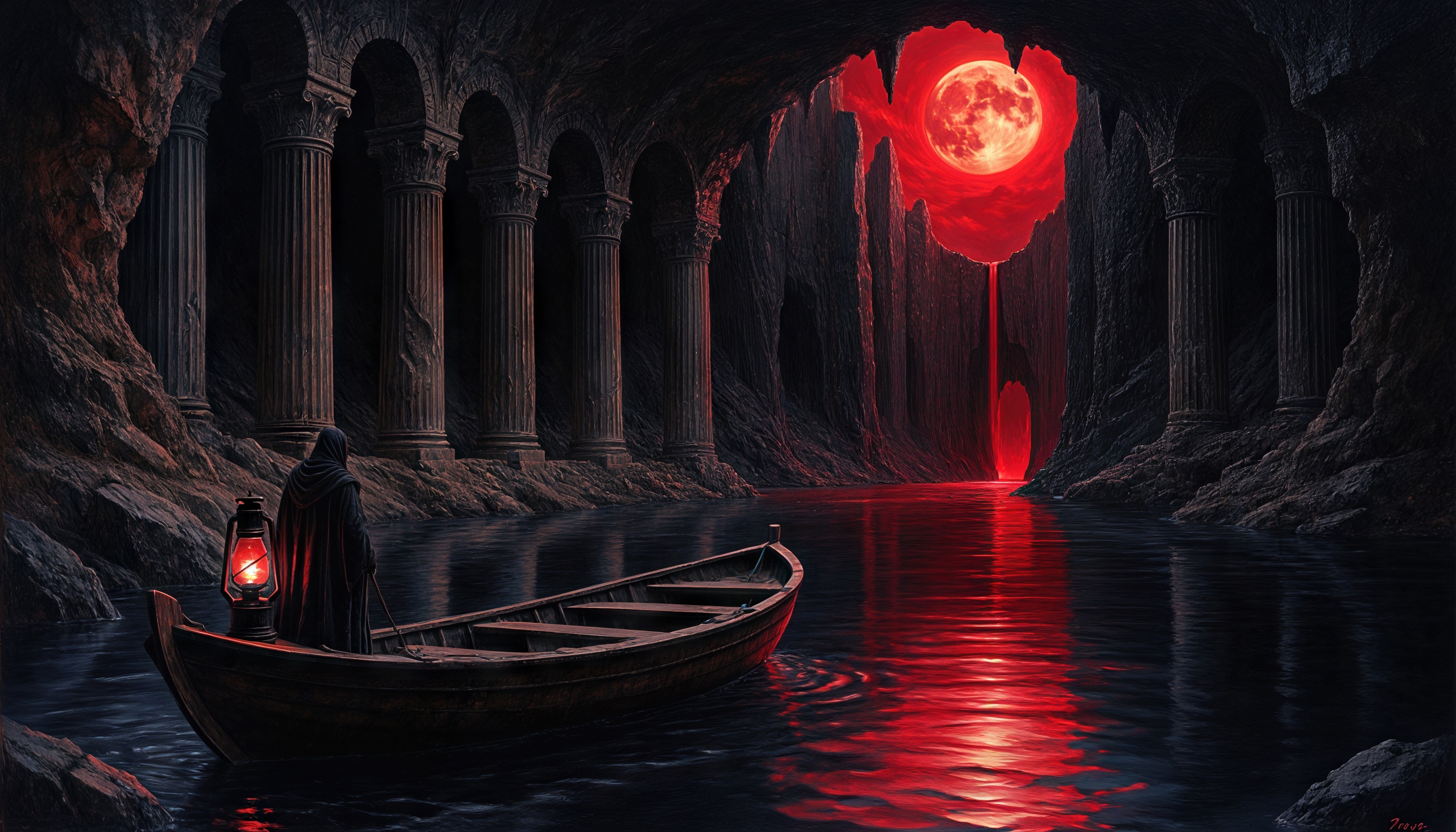 Бесплатное фото Мужчина в лодке с фонарем плывет по подземной реке, освещенной кровавой луной в конце пещеры.