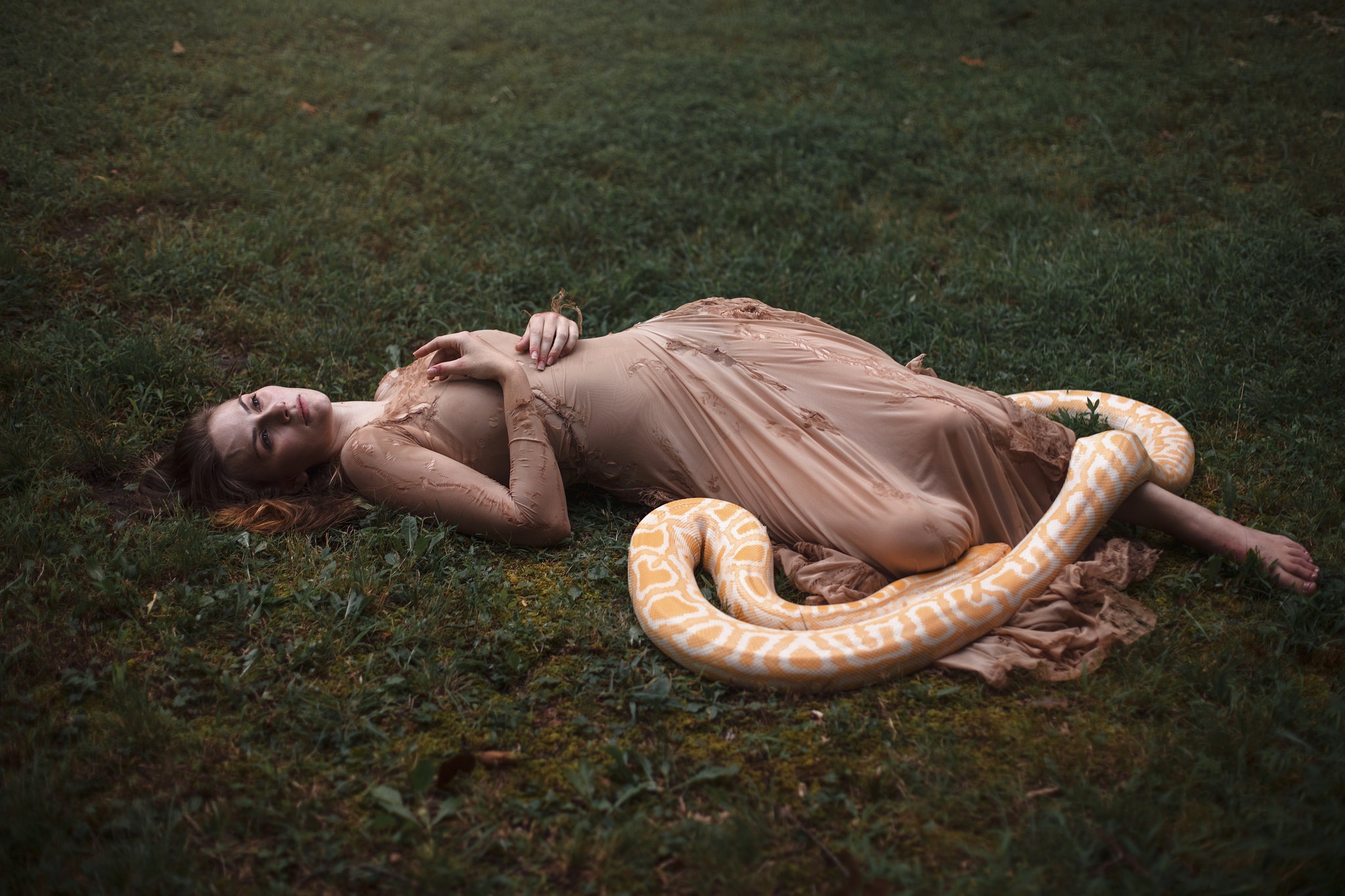 Free photo A woman was bitten by a large snake
