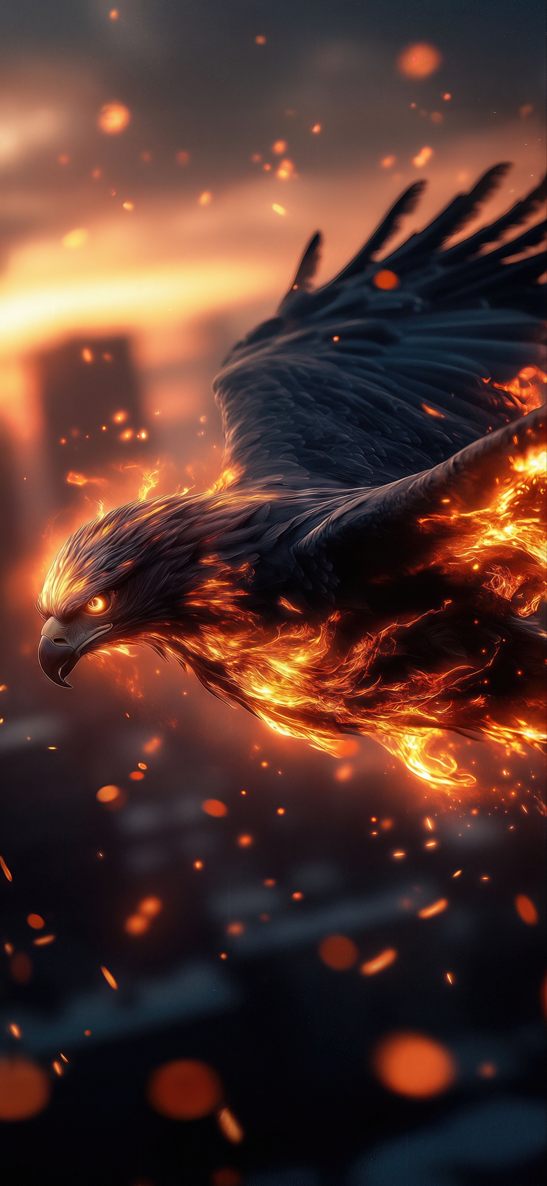 Бесплатное фото Огненный орёл парит в закатном небе, искрясь пламенем.