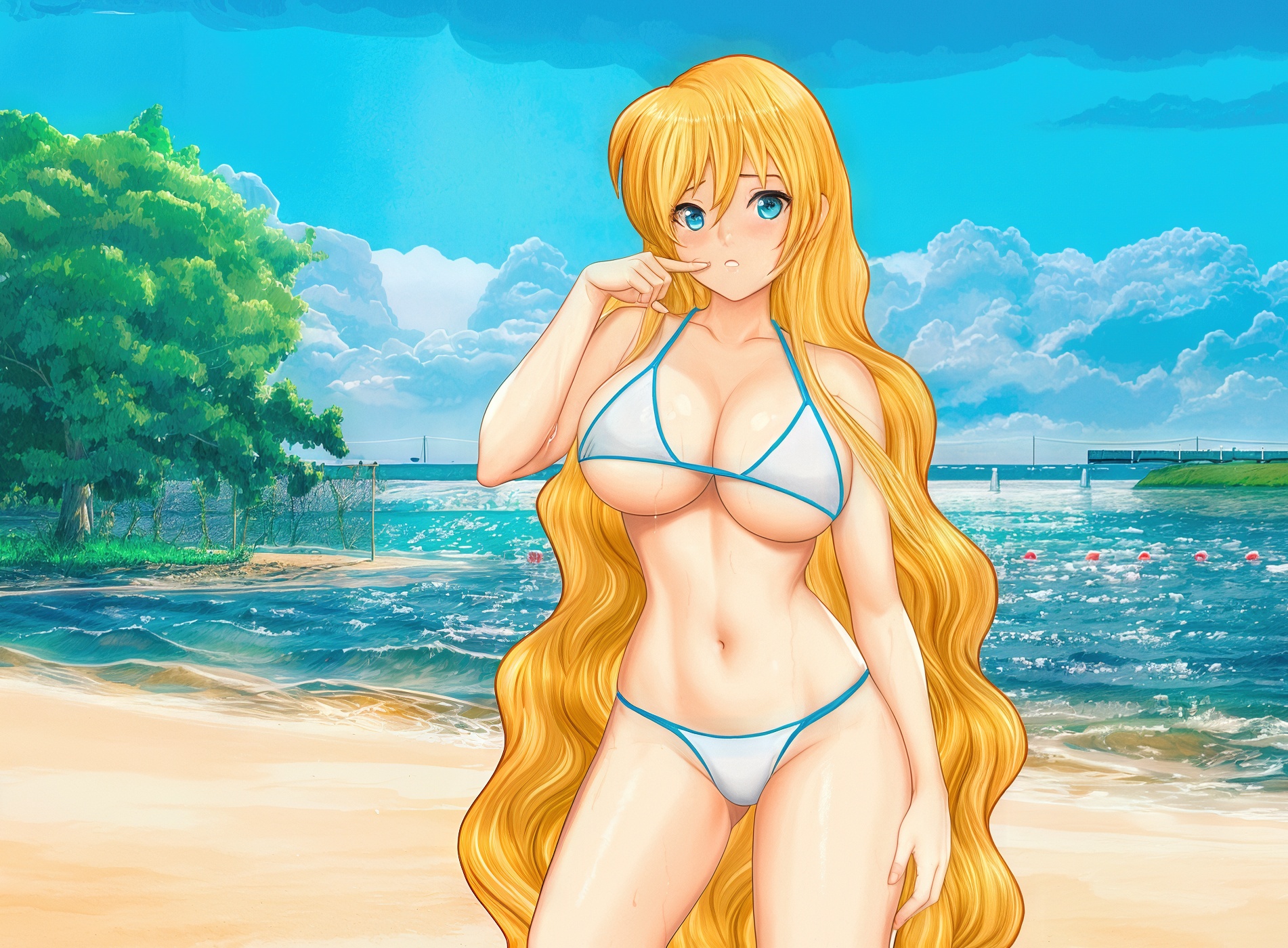 Бесплатное фото Славя на пляже в купальнике, прикладывает палец к губам, на фоне моря и неба.