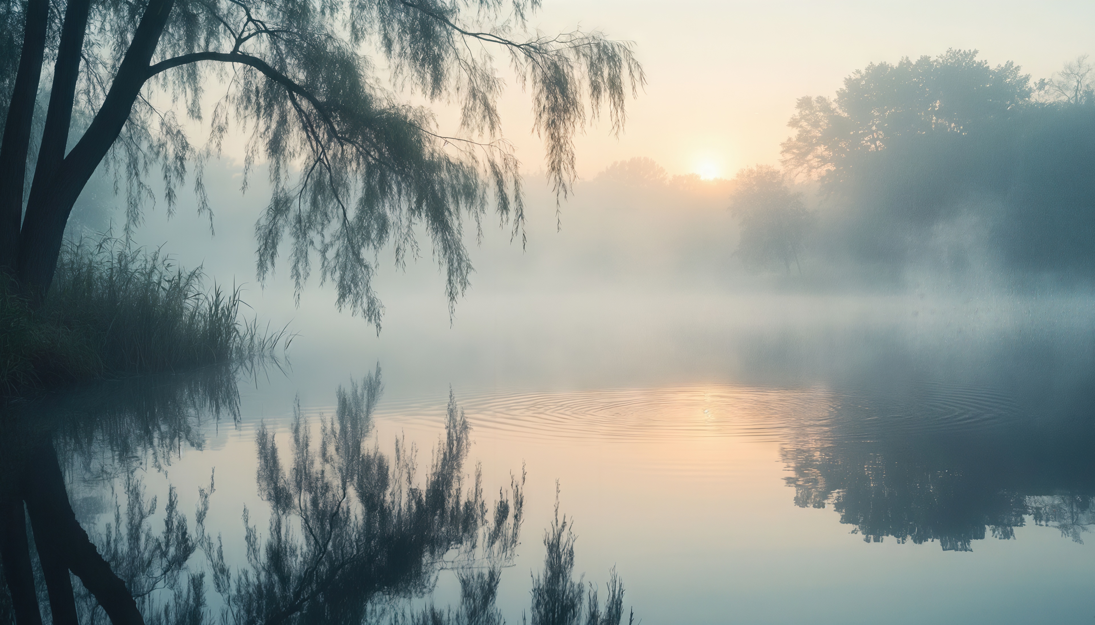 Free photo Morning mist enveloped the lake, a weeping willow bent over the mirrored surface.