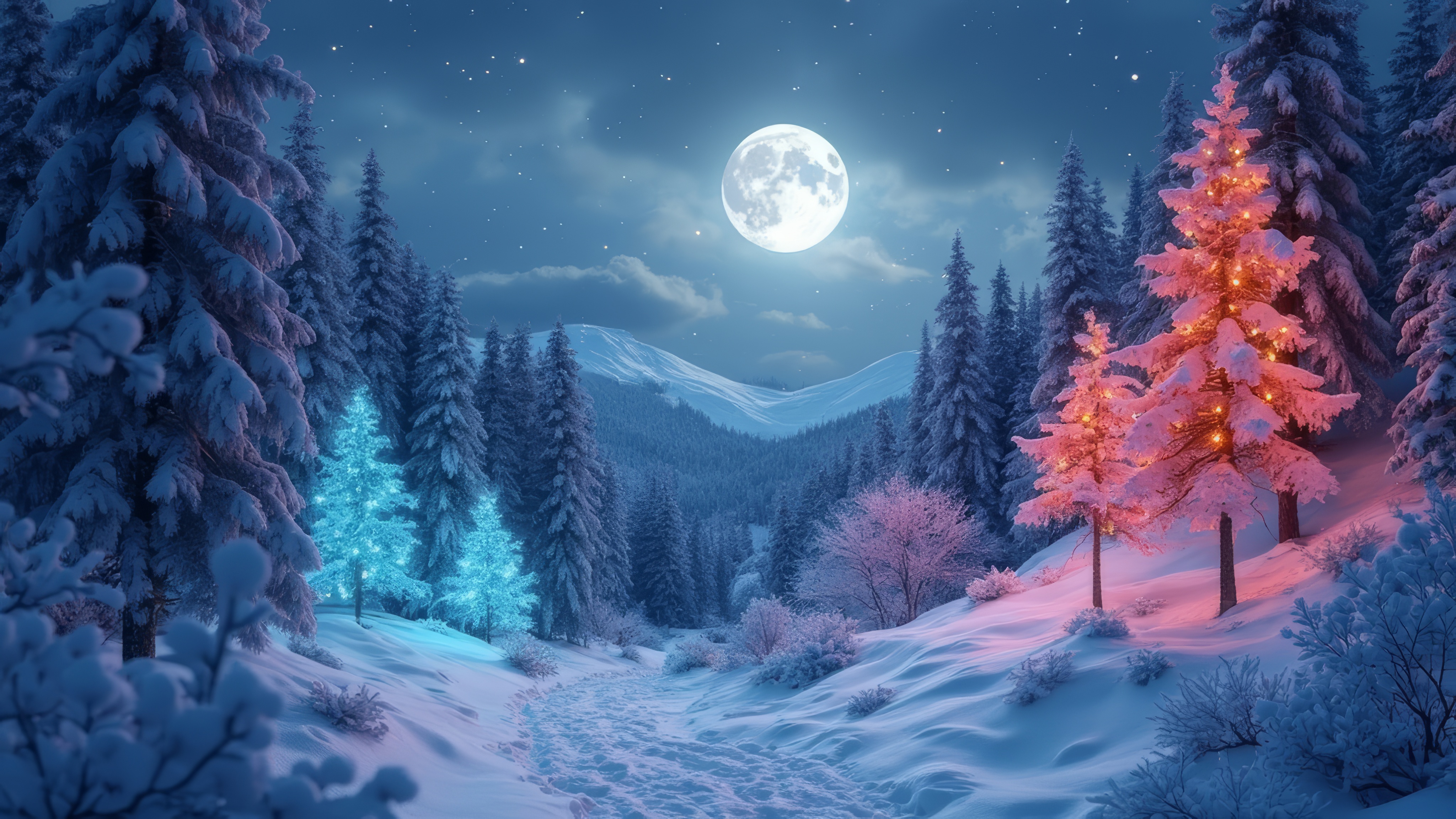 Бесплатное фото Рождественская заснеженная дорога с множеством деревьев