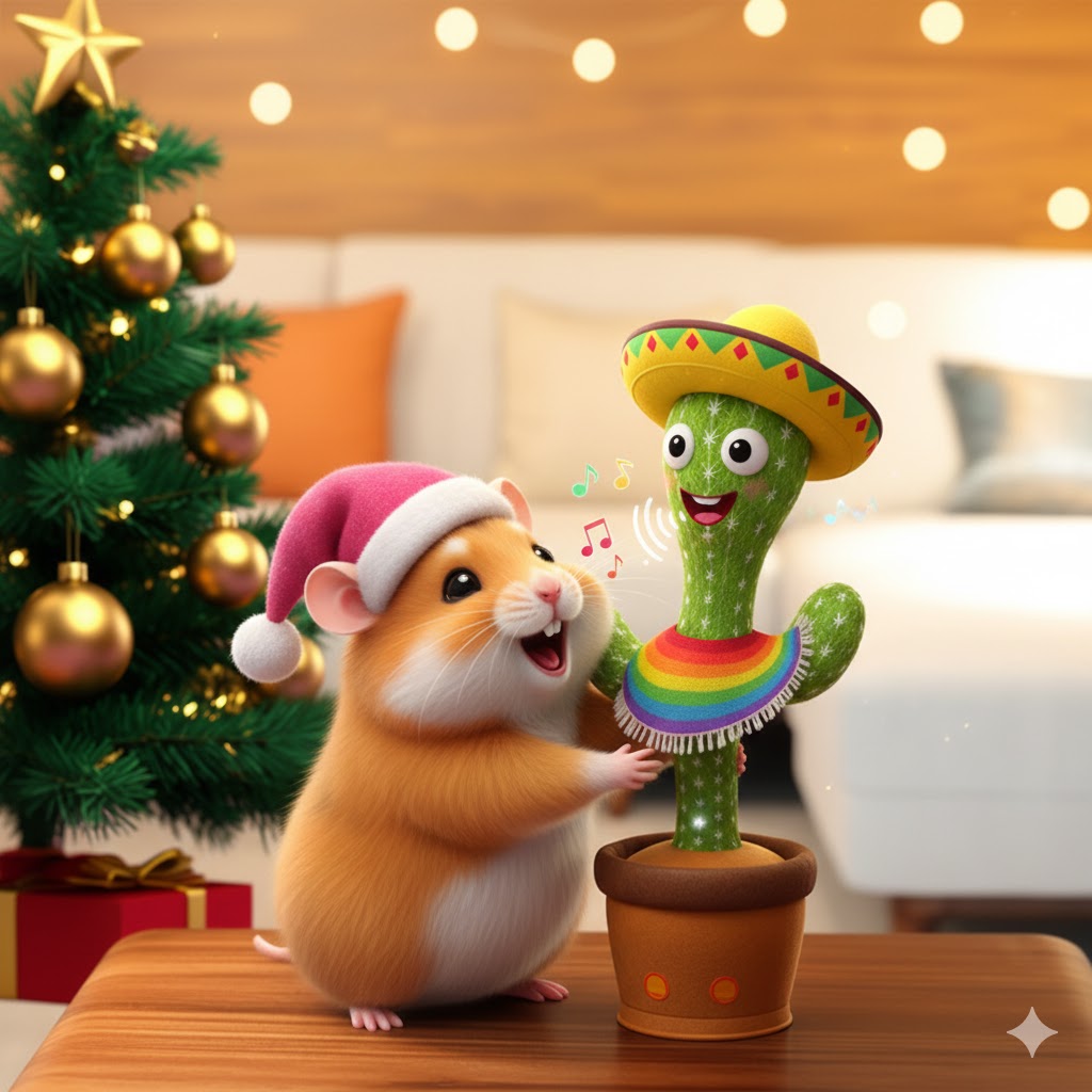 Бесплатная открытка Хомяк обнимает музыкальный кактус.