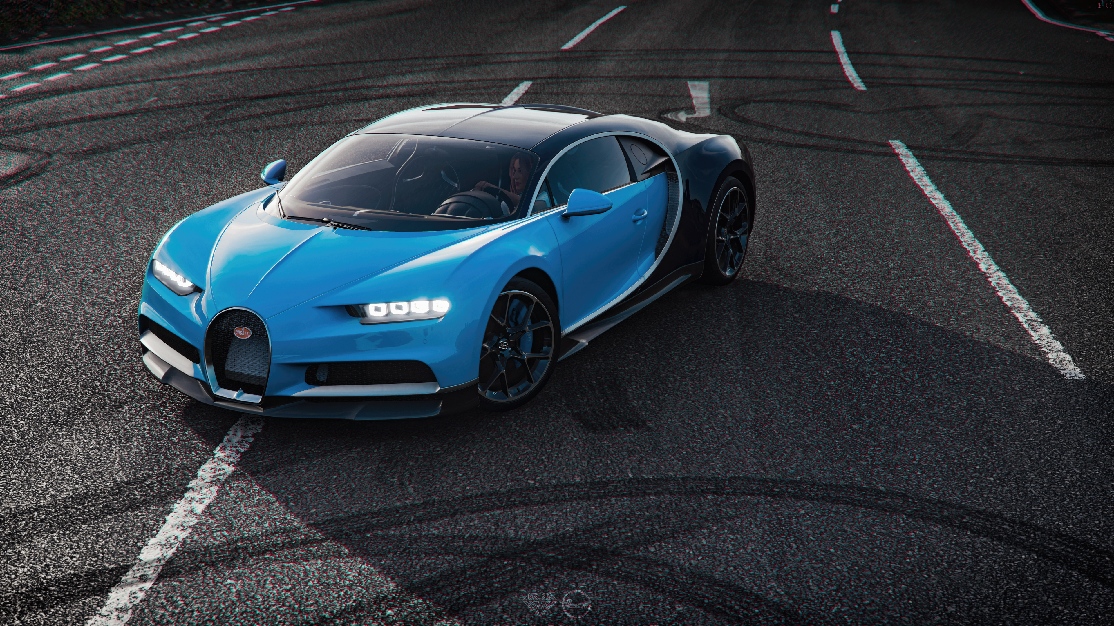 Free photo Blue Bugatti Chiron with lights on