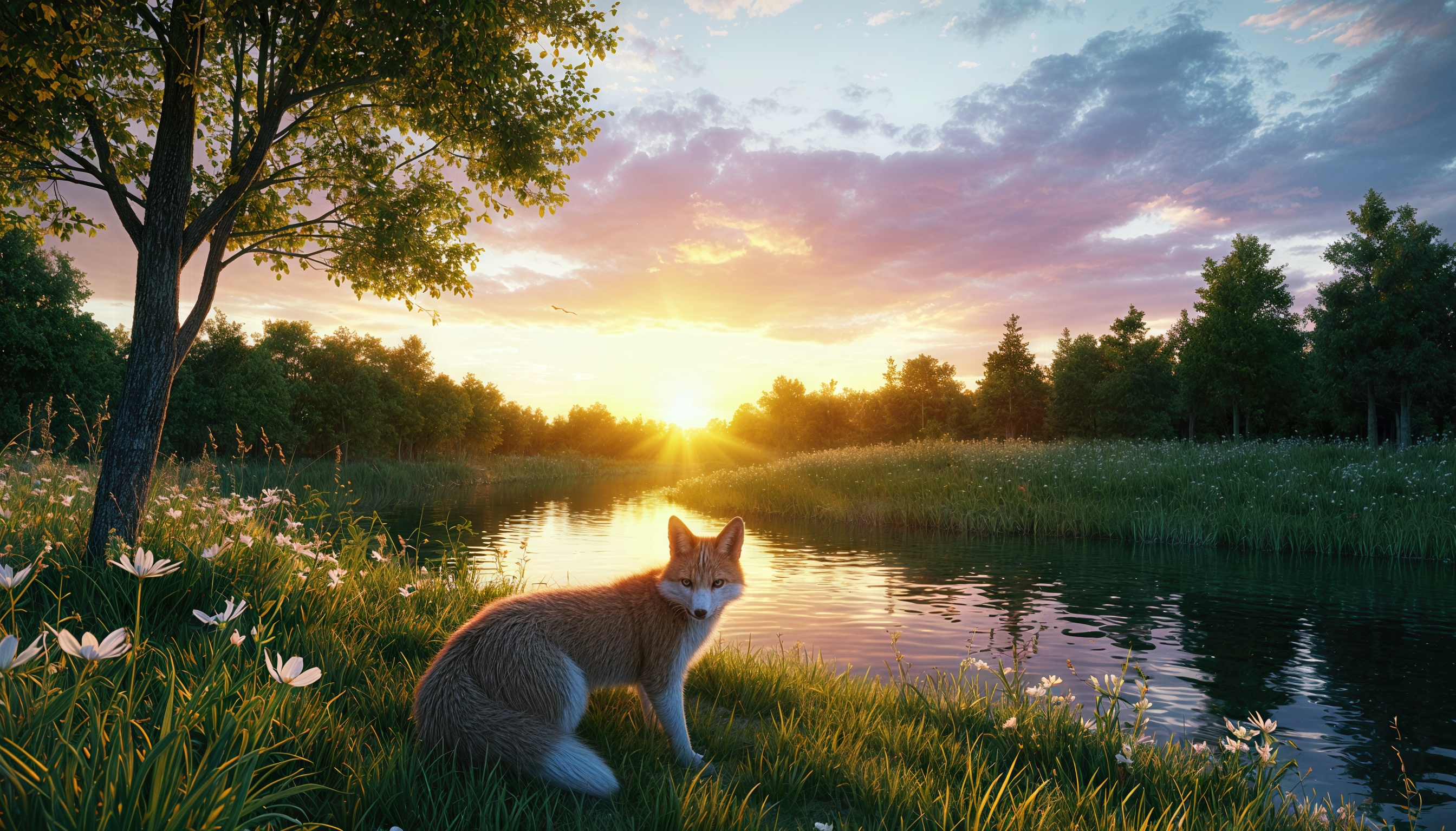Бесплатное фото Лисичка, сидящая на берегу реки в окружении зелёной травы и цветов.
