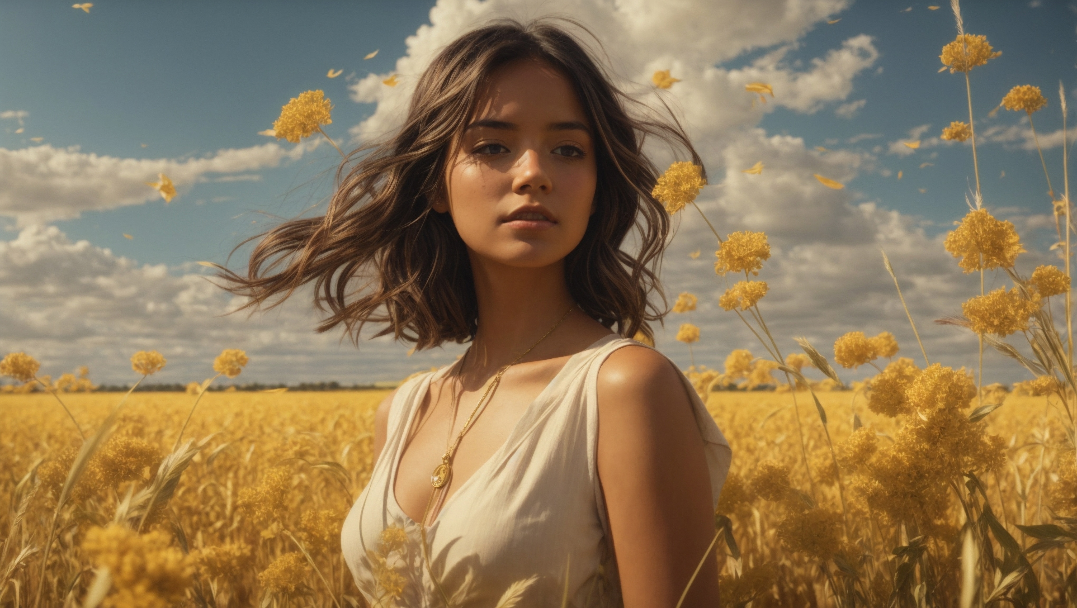 Free photo Woman standing in wheat field posing for camera