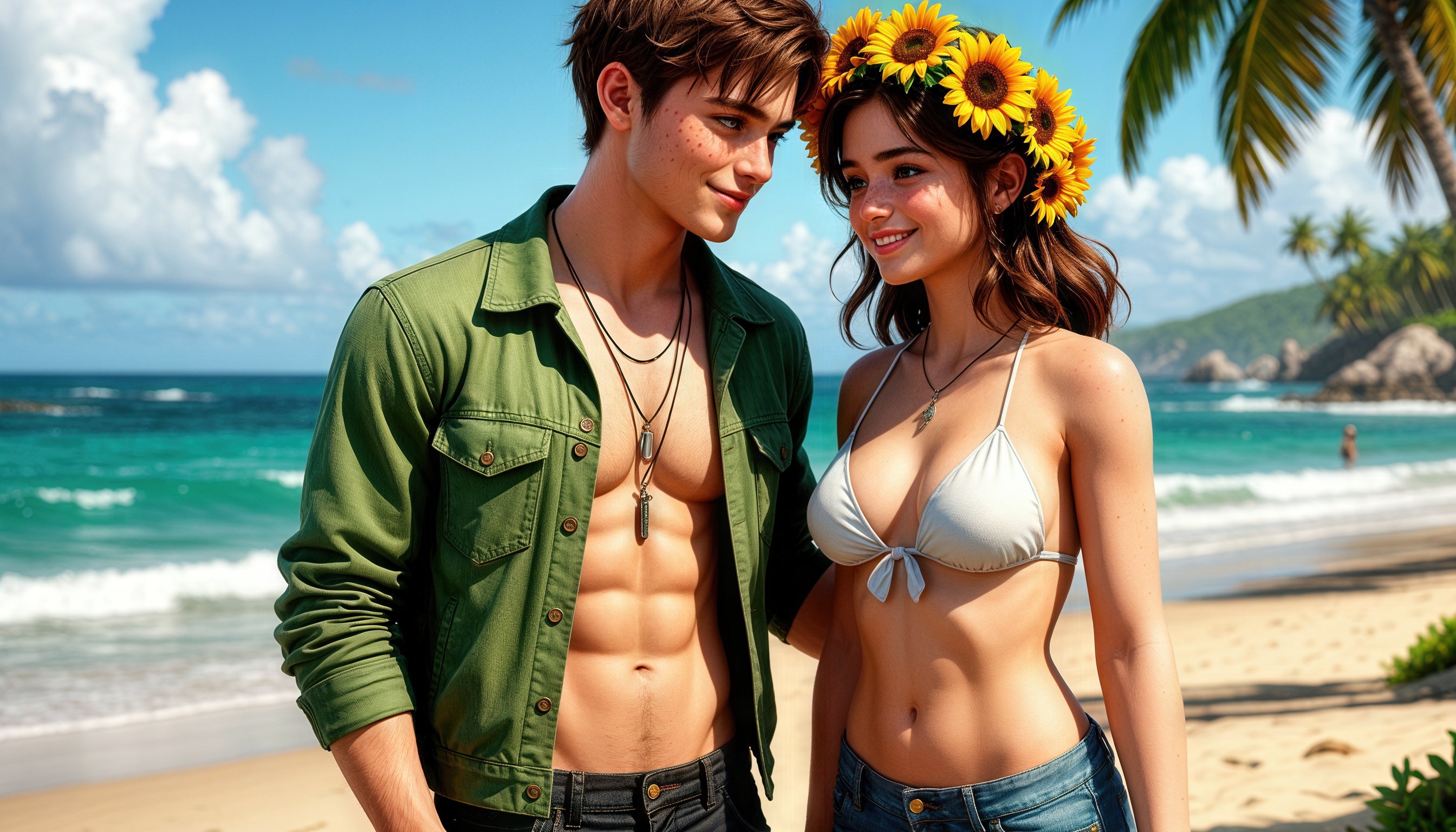 На пляже парень и девушка в летней одежде наслаждаются морем и солнцем.